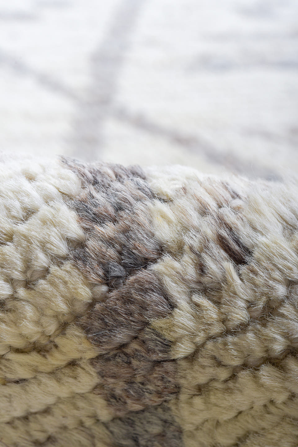 9' x 12' one-of-a-kind handmade vintage Tulu large size rug. Color palette: ivory, gray, taupe, cream, beige