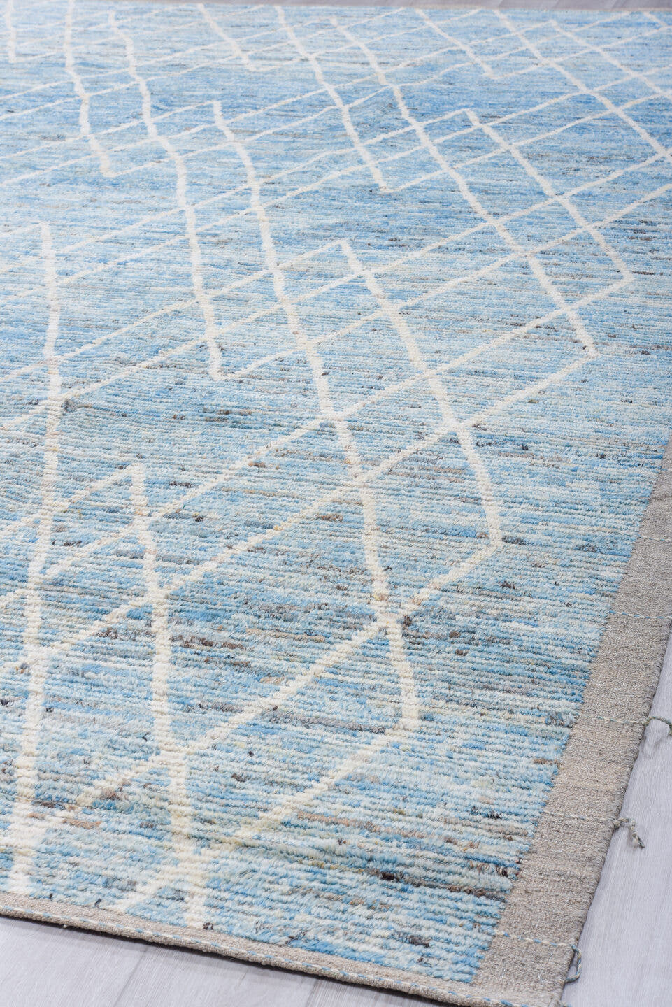 10' x 13' one-of-a-kind handmade vintage Tulu large size rug. Color palette: sky blue, ivory, gray, slate, light blue
