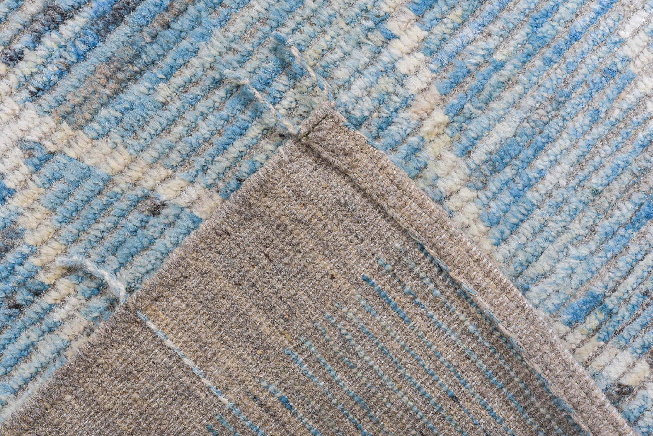 10' x 13' one-of-a-kind handmade vintage Tulu large size rug. Color palette: sky blue, ivory, gray, slate, light blue