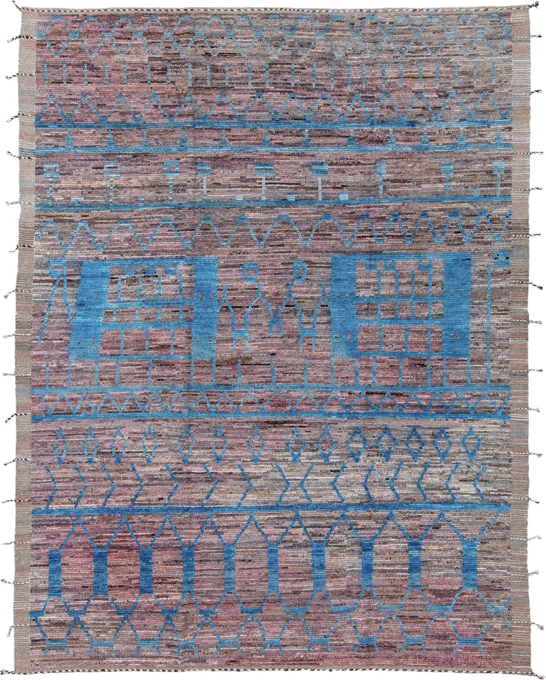 9' x 12' one-of-a-kind handmade vintage Tulu large size rug. Color palette: taupe, sky blue, rose, brown, mauve, charcoal