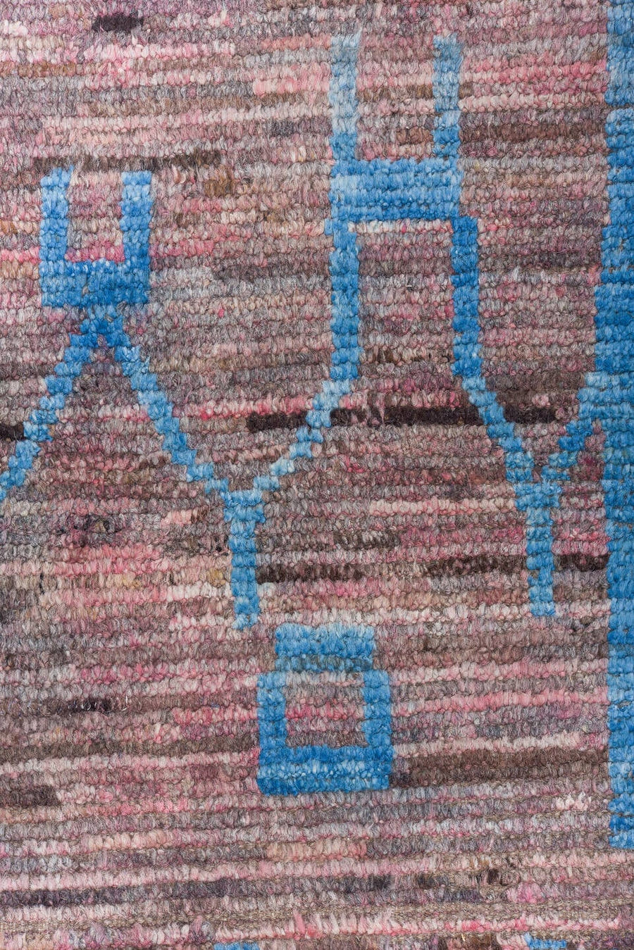 9' x 12' one-of-a-kind handmade vintage Tulu large size rug. Color palette: taupe, sky blue, rose, brown, mauve, charcoal