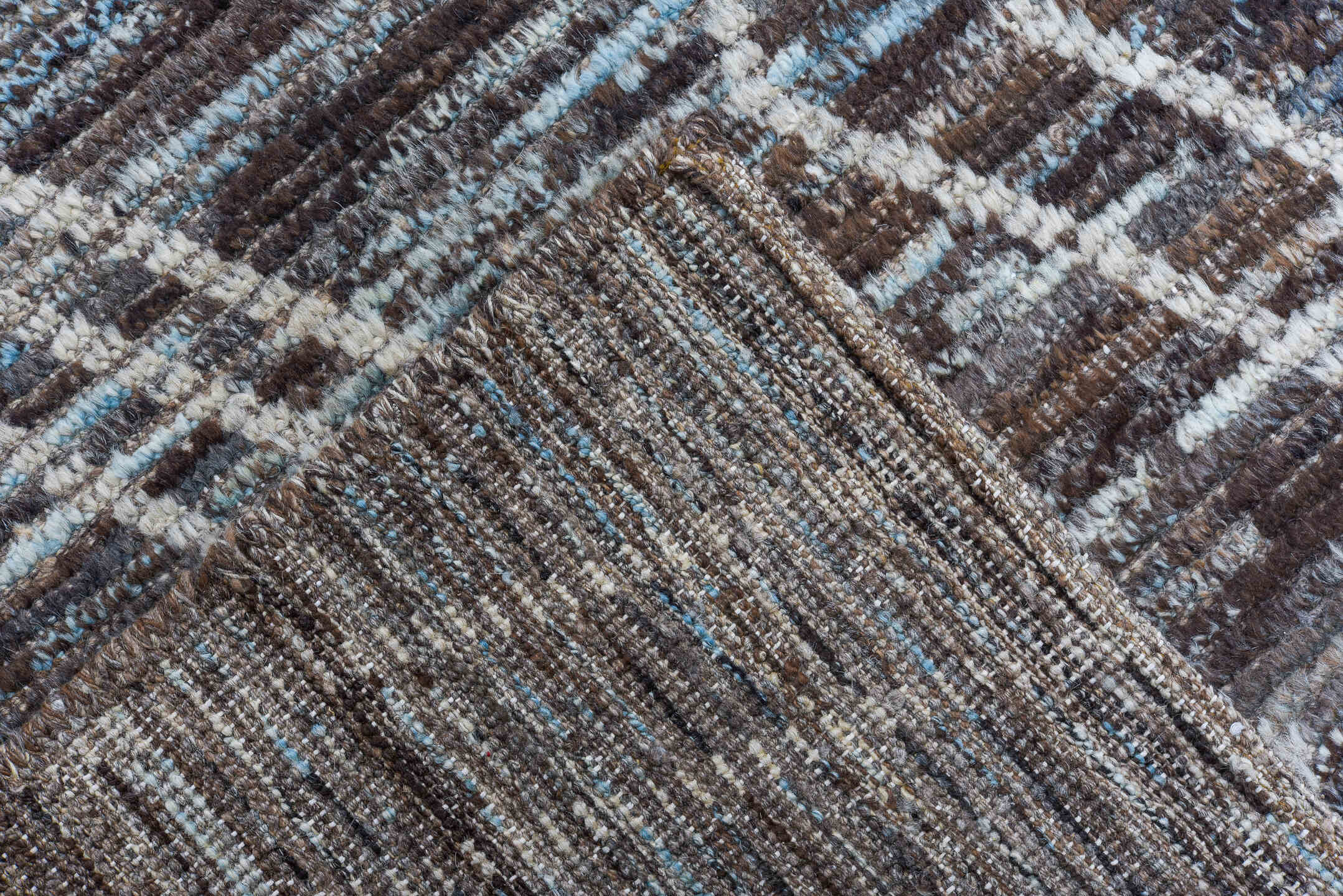 10' x 13' one-of-a-kind handmade vintage Tulu large size rug. Color palette: brown, ivory, taupe, charcoal, slate, beige