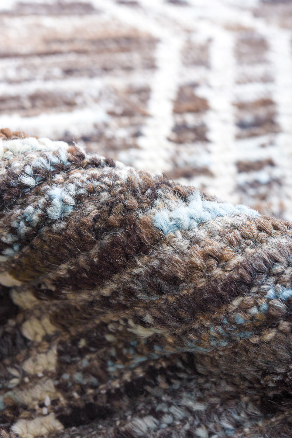 10' x 13' one-of-a-kind handmade vintage Tulu large size rug. Color palette: brown, ivory, taupe, charcoal, slate, beige