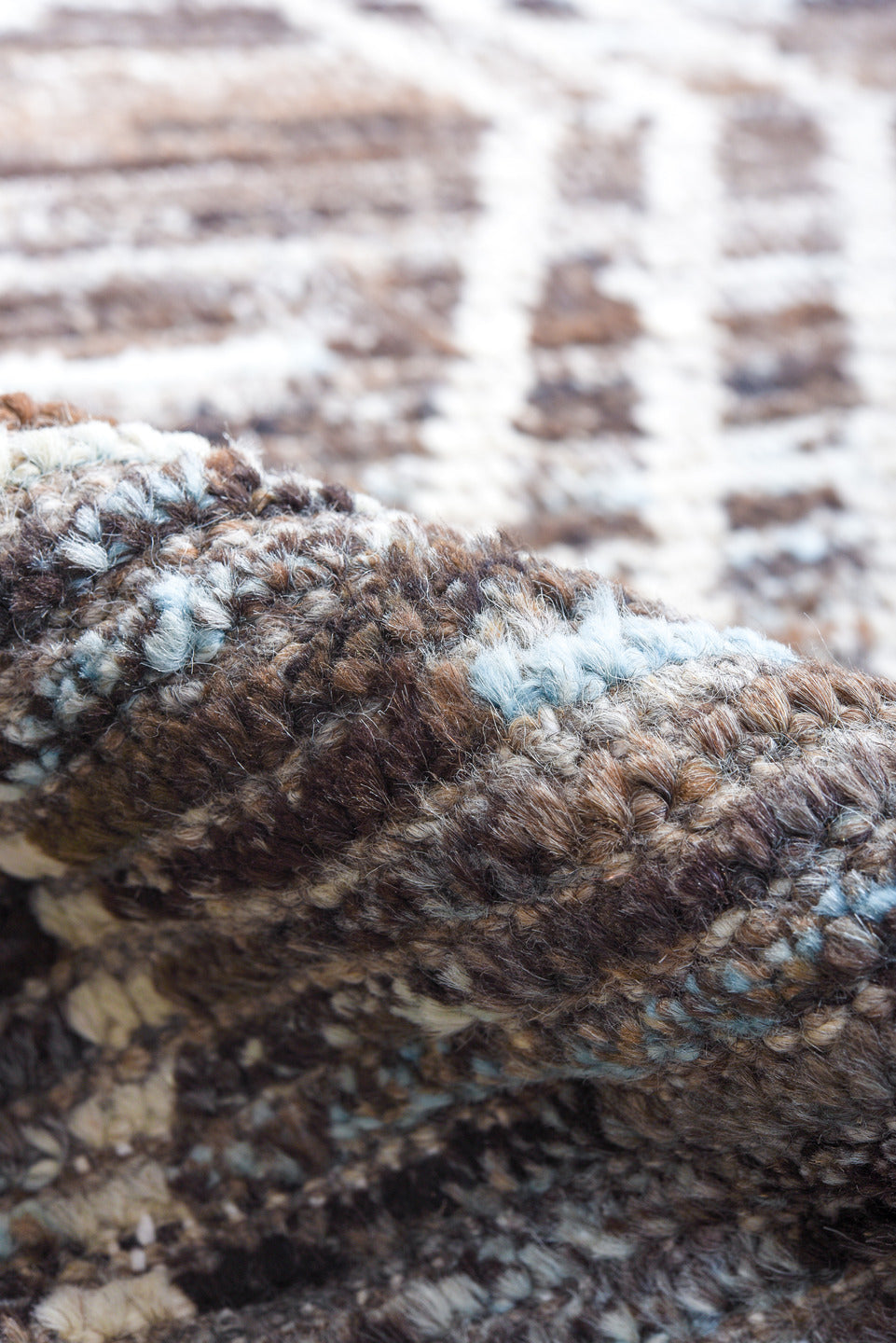 10' x 13' one-of-a-kind handmade vintage Tulu large size rug. Color palette: brown, ivory, taupe, charcoal, slate, beige