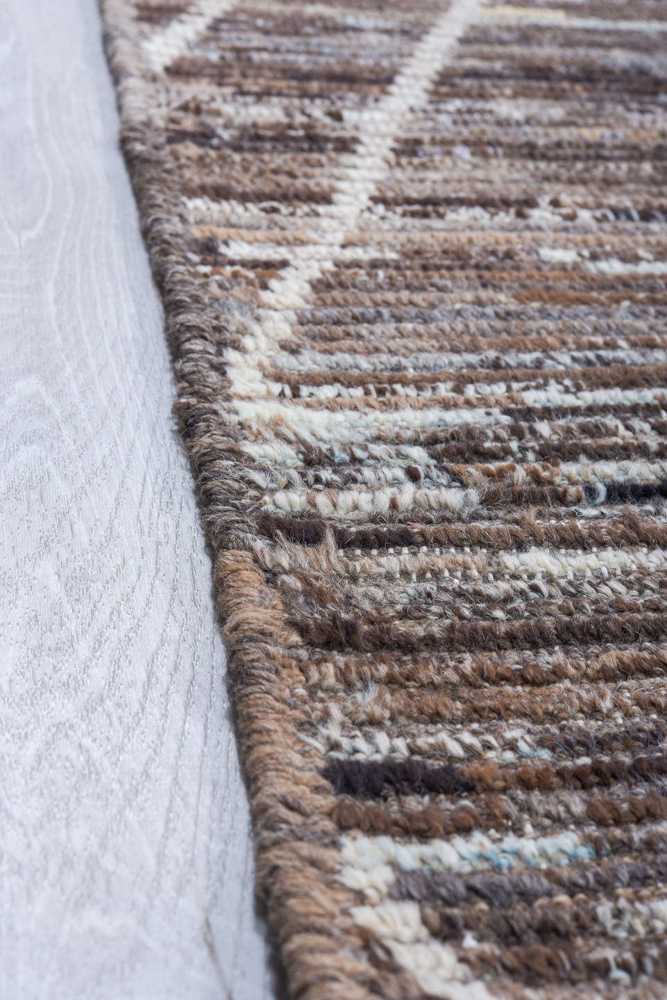 10' x 13' one-of-a-kind handmade vintage Tulu large size rug. Color palette: brown, ivory, taupe, charcoal, slate, beige
