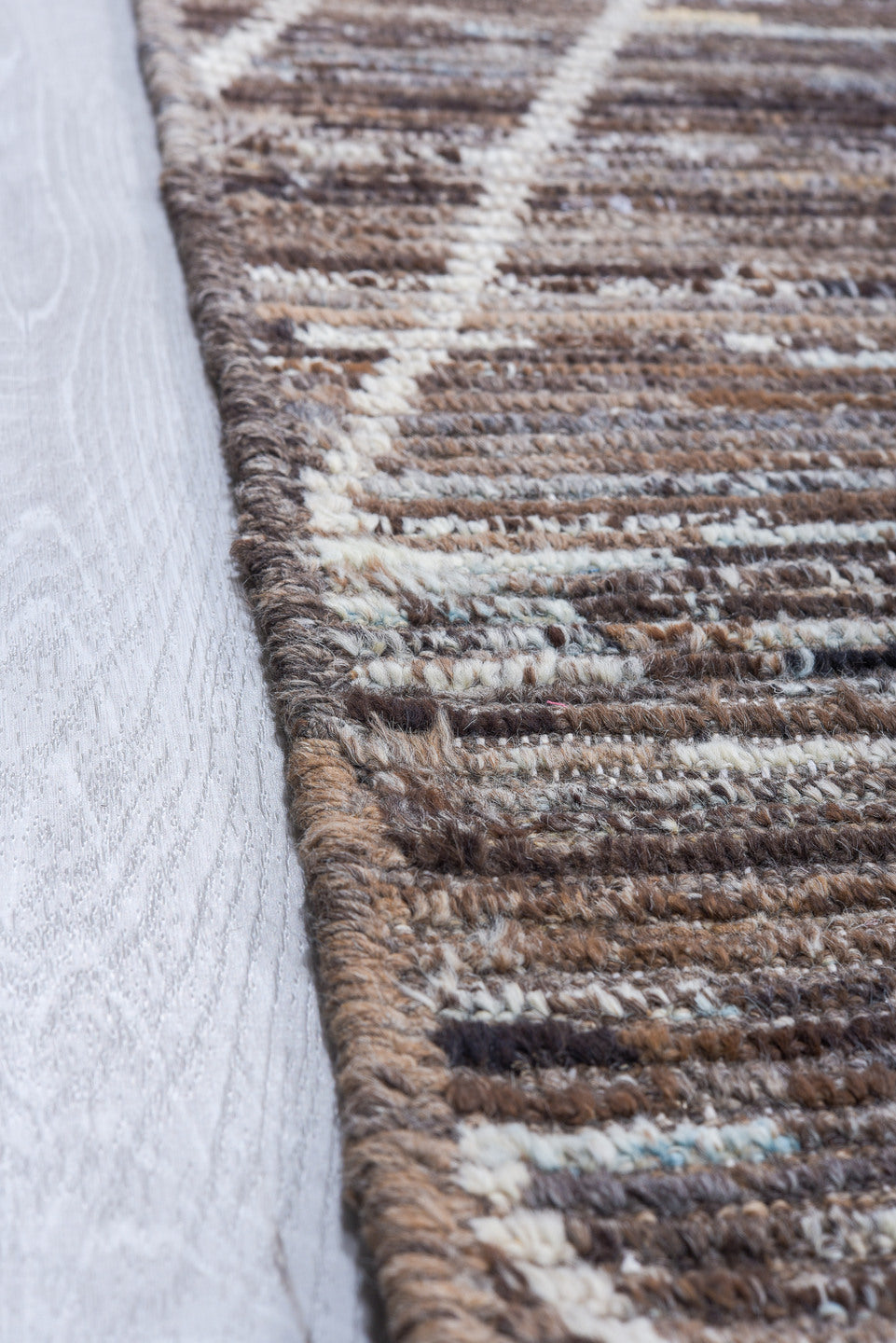 10' x 13' one-of-a-kind handmade vintage Tulu large size rug. Color palette: brown, ivory, taupe, charcoal, slate, beige