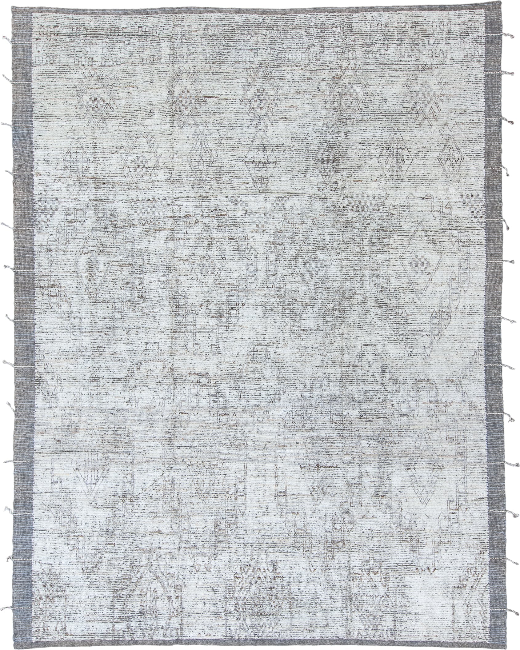 9' x 12' one-of-a-kind handmade vintage Tulu large size rug. Color palette: ivory, dove gray, taupe, stone, light gray
