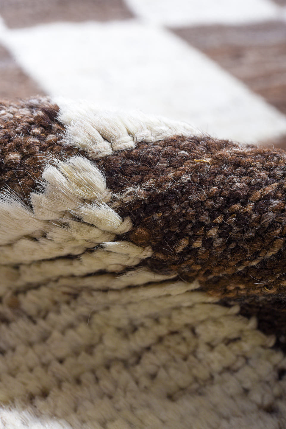 9' x 12' one-of-a-kind handmade vintage Tulu large size rug. Color palette: ivory, brown, taupe, beige, gray