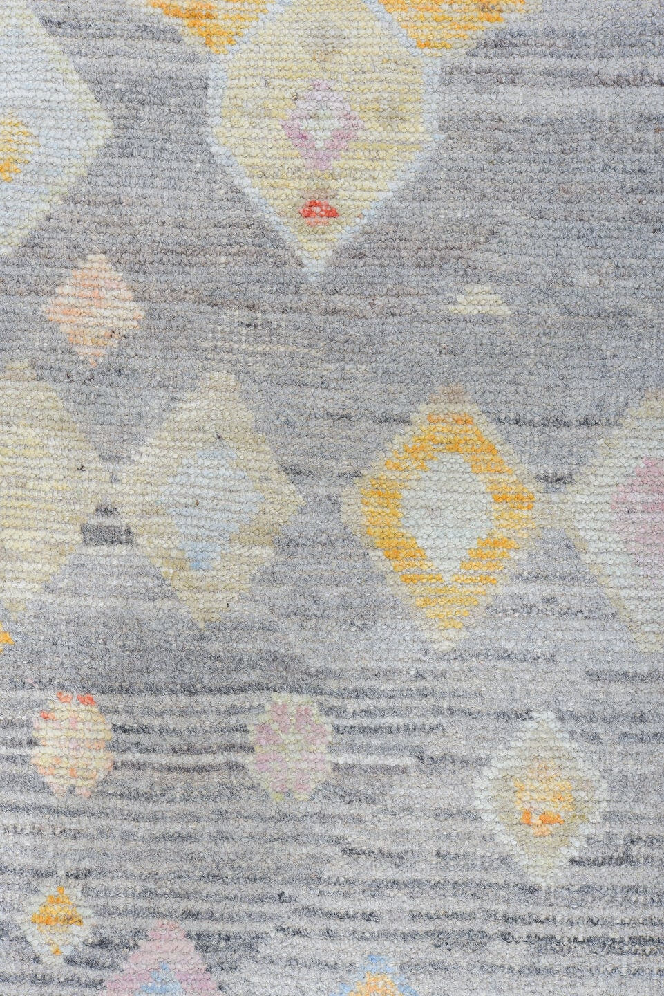 10' x 13' one-of-a-kind handmade vintage Tulu large size rug. Color palette: gray, ivory, blush, saffron, coral, taupe