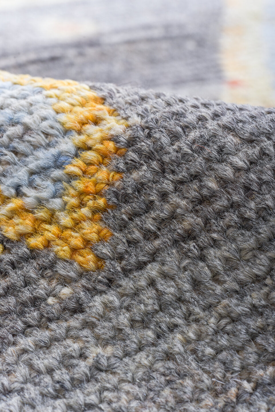 10' x 13' one-of-a-kind handmade vintage Tulu large size rug. Color palette: gray, ivory, blush, saffron, coral, taupe