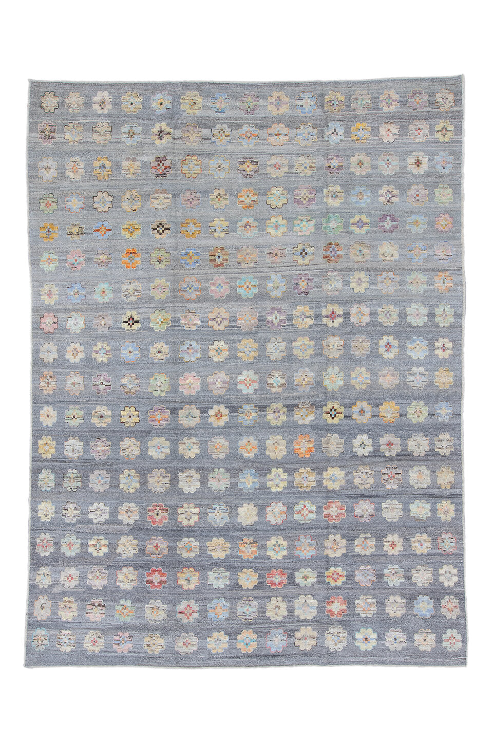 10' x 13' one-of-a-kind handmade vintage Tulu large size rug. Color palette: black, blue, brown, burlywood, dark gray