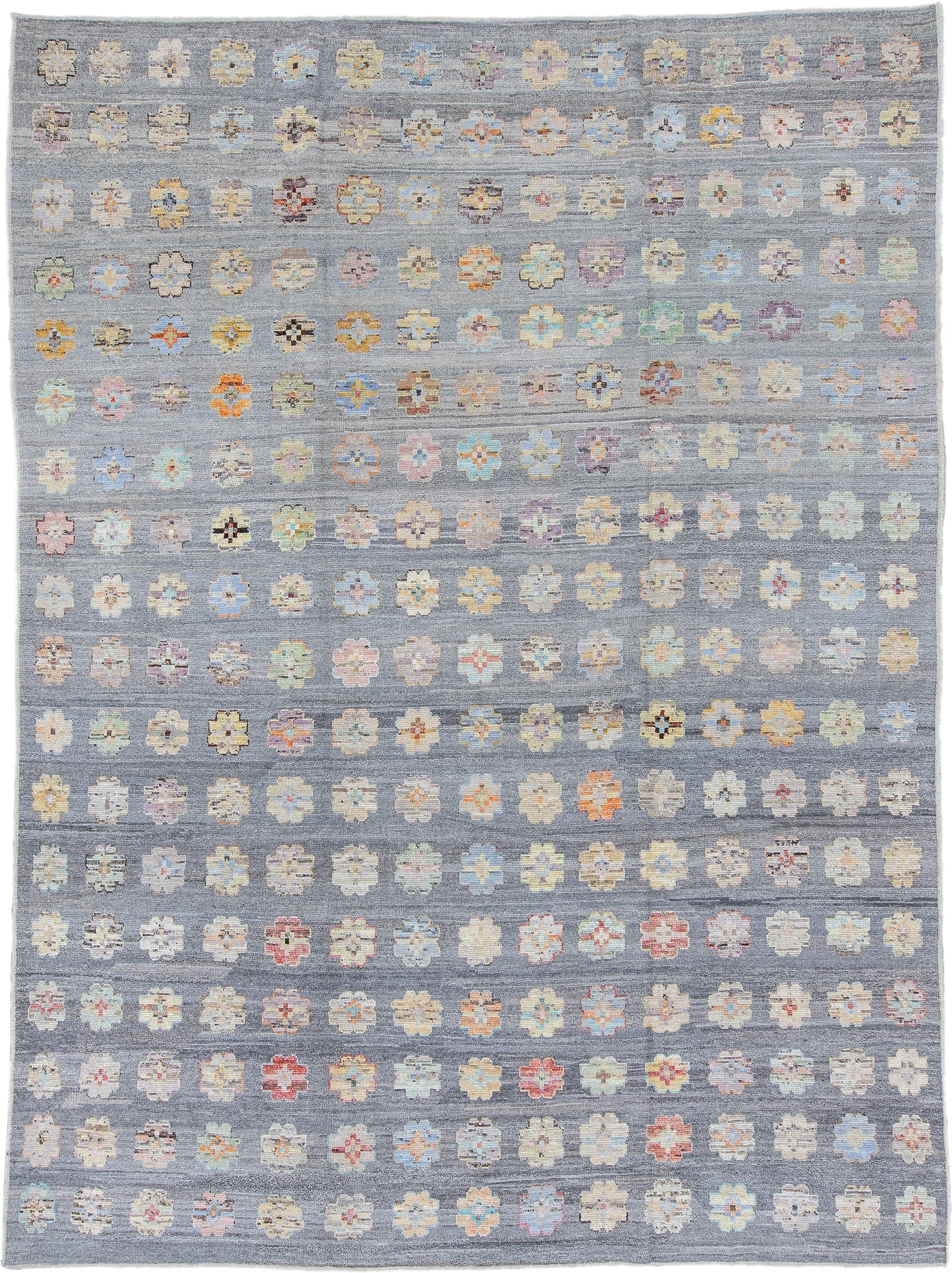10' x 13' one-of-a-kind handmade vintage Tulu large size rug. Color palette: gray, ivory, pale blue, cream, saffron, blush