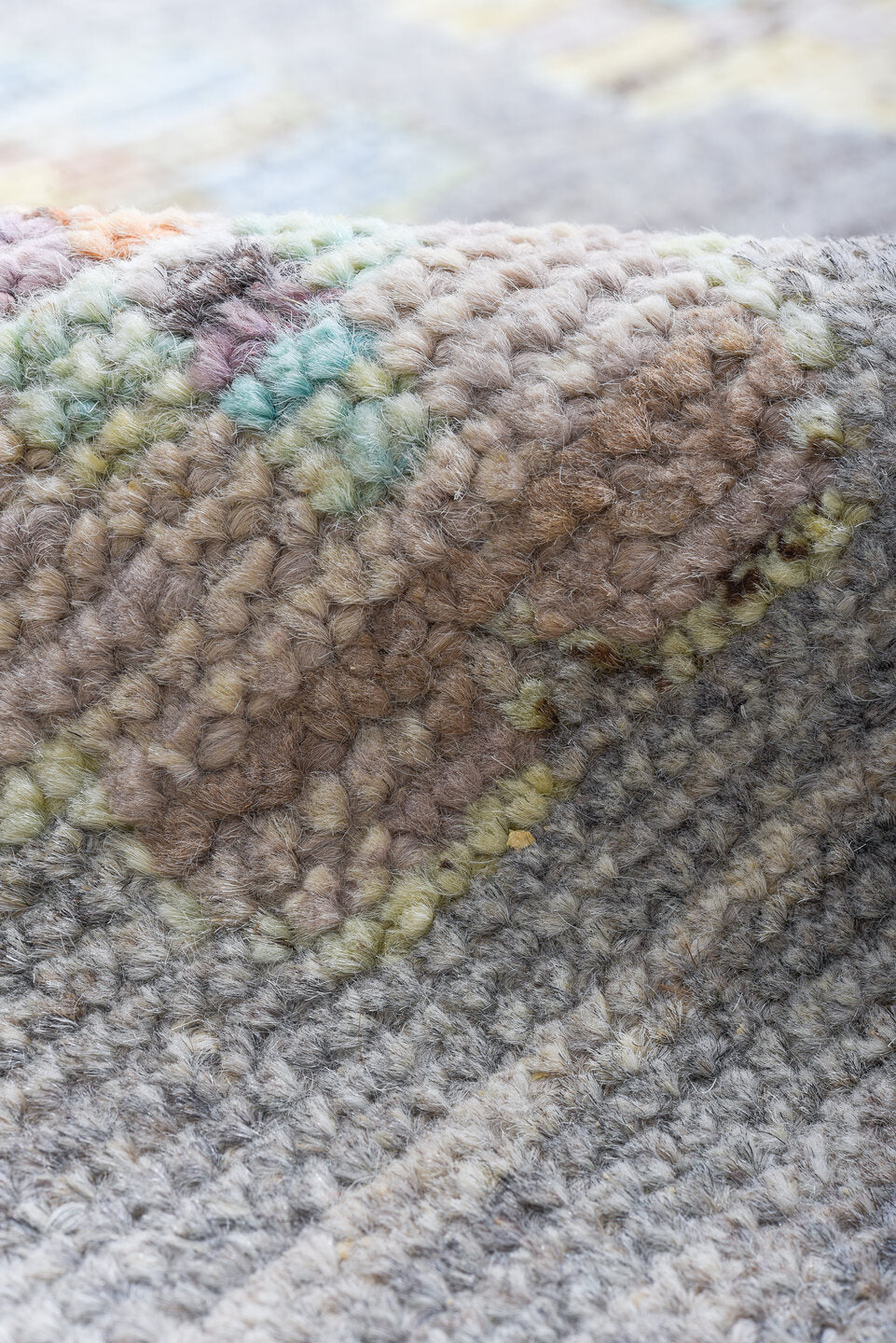 10' x 13' one-of-a-kind handmade vintage Tulu large size rug. Color palette: gray, ivory, pale blue, cream, saffron, blush