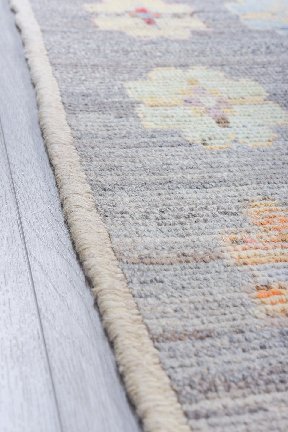 10' x 13' one-of-a-kind handmade vintage Tulu large size rug. Color palette: gray, ivory, pale blue, cream, saffron, blush