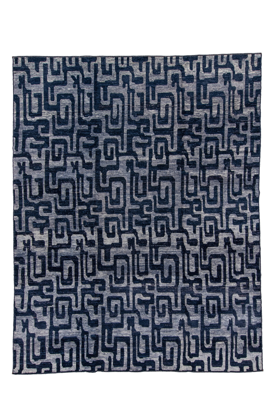 9' x 11' one-of-a-kind handmade vintage Tulu large size rug. Color palette: blue, dark gray, gray, light gray, off-white