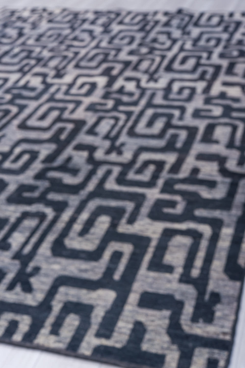 9' x 11' one-of-a-kind handmade vintage Tulu large size rug. Color palette: navy, silver, slate, charcoal, ivory, blue, gray
