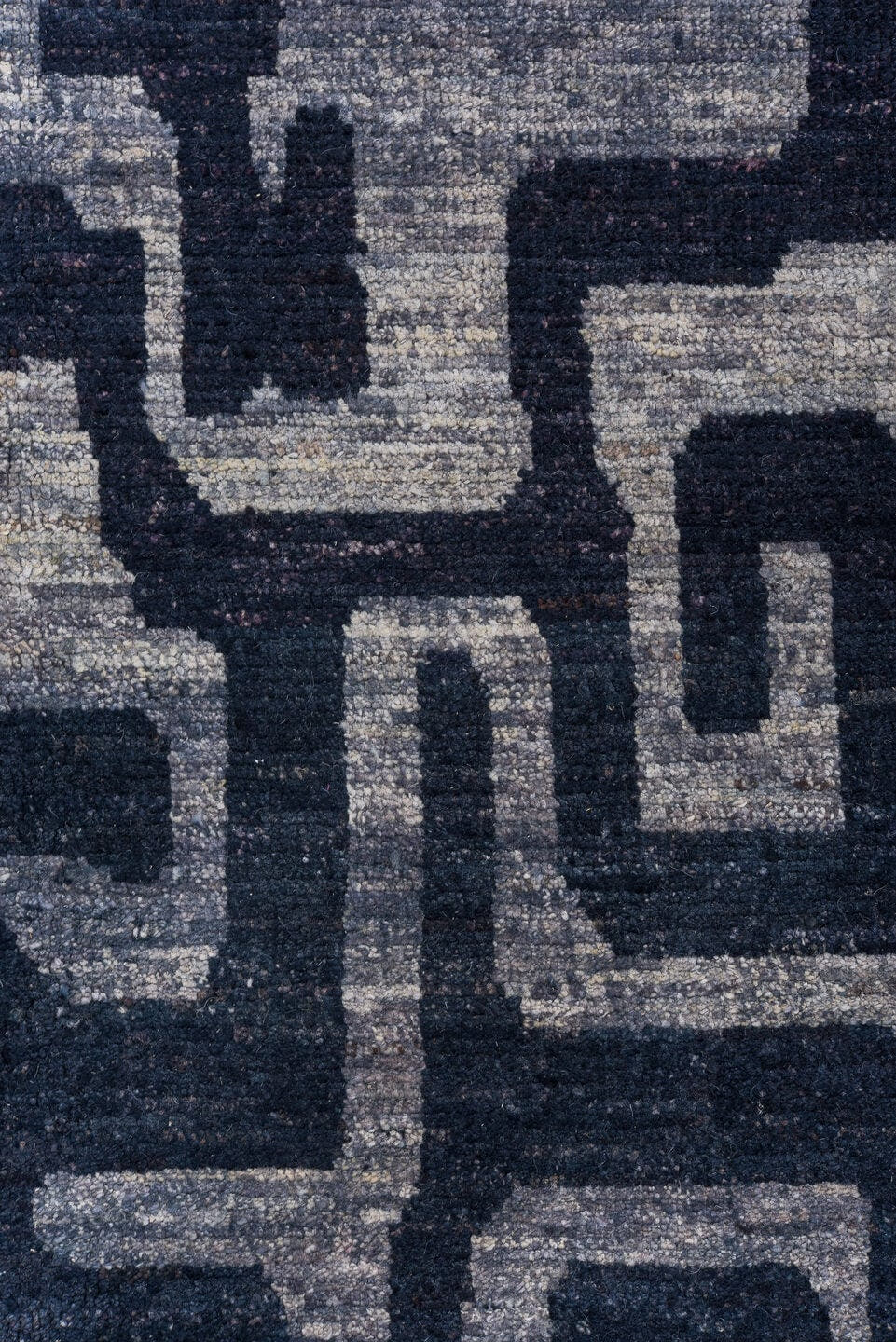 9' x 11' one-of-a-kind handmade vintage Tulu large size rug. Color palette: navy, silver, slate, charcoal, ivory, blue, gray