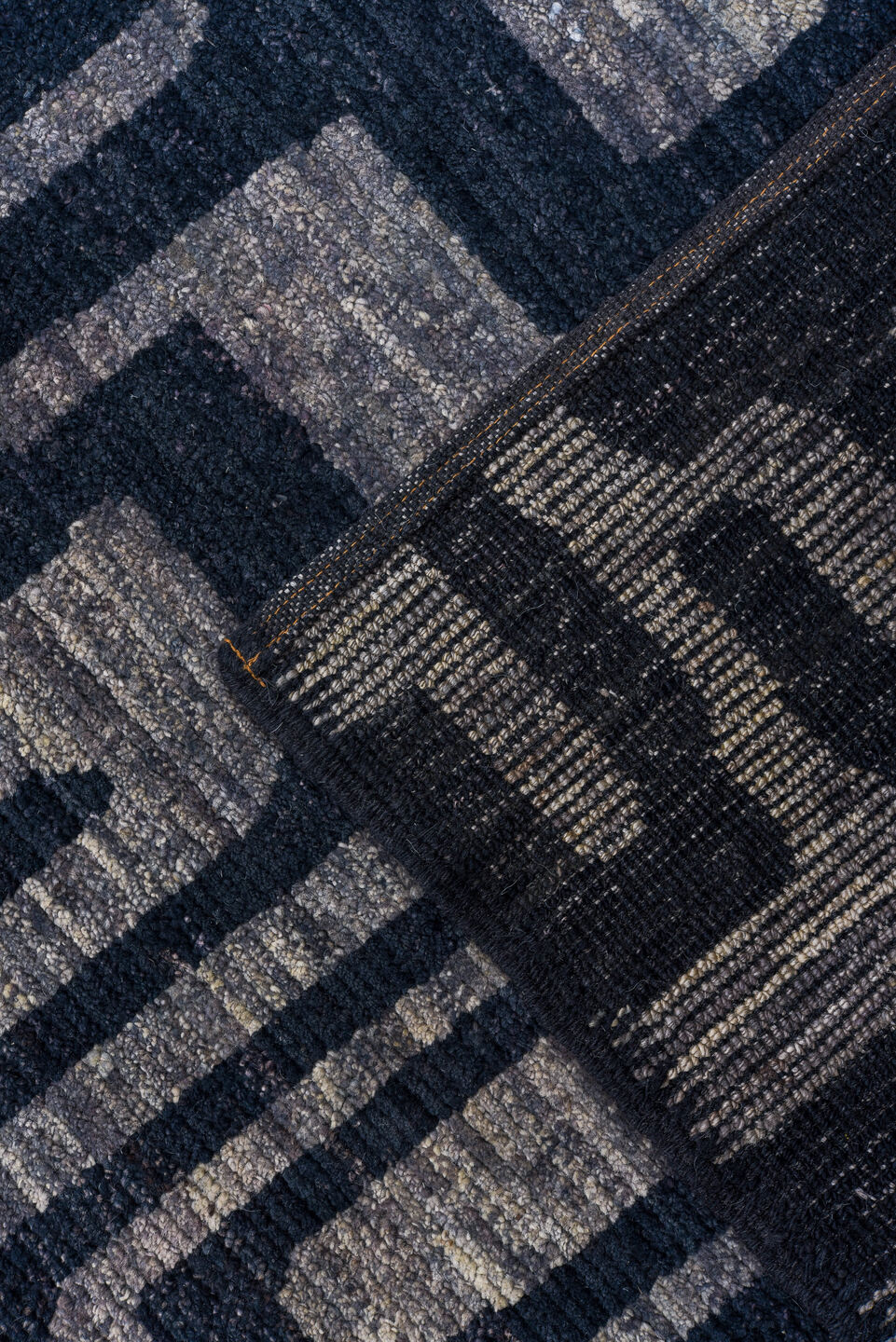 9' x 11' one-of-a-kind handmade vintage Tulu large size rug. Color palette: blue, dark gray, gray, light gray, off-white