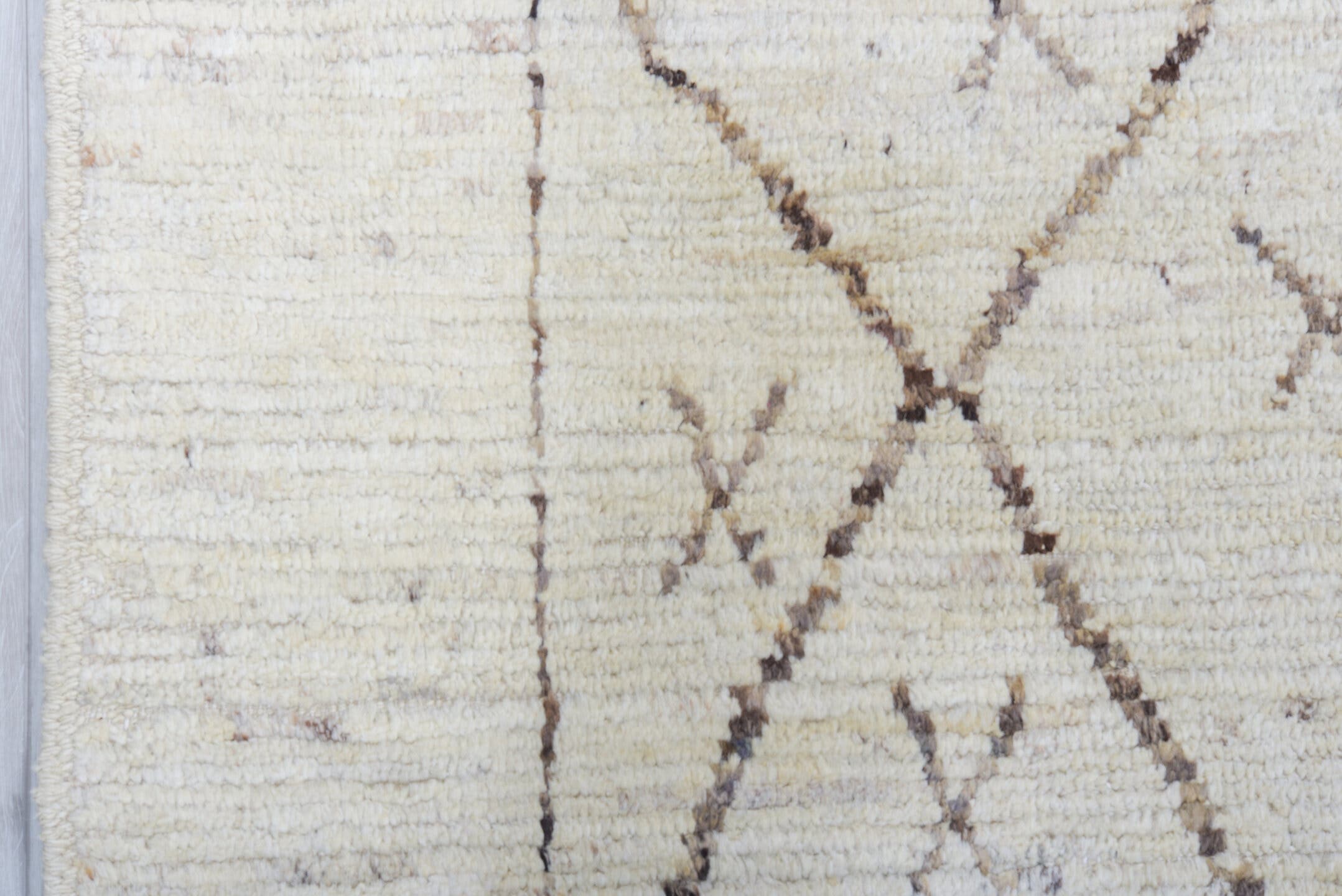 9' x 11' one-of-a-kind handmade vintage Tulu large size rug. Color palette: ivory, taupe, brown, camel, beige, gray