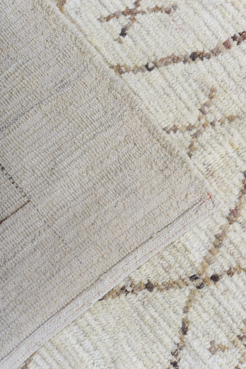 9' x 11' one-of-a-kind handmade vintage Tulu large size rug. Color palette: ivory, taupe, brown, camel, beige, gray