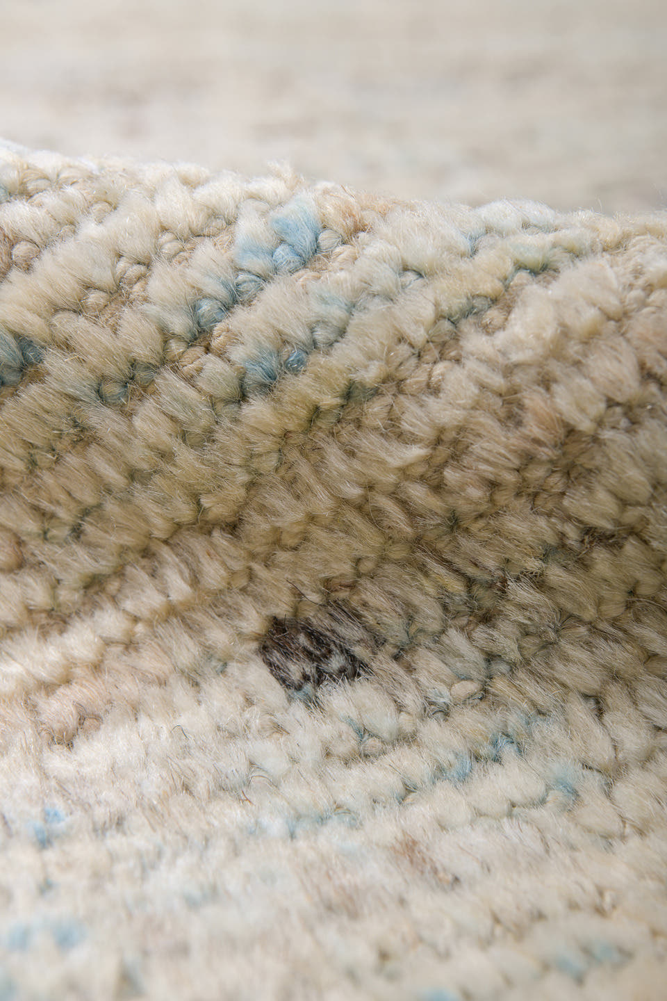 9' x 11' one-of-a-kind handmade vintage Tulu large size rug. Color palette: ivory, cream, taupe, pale blue, brown, gray