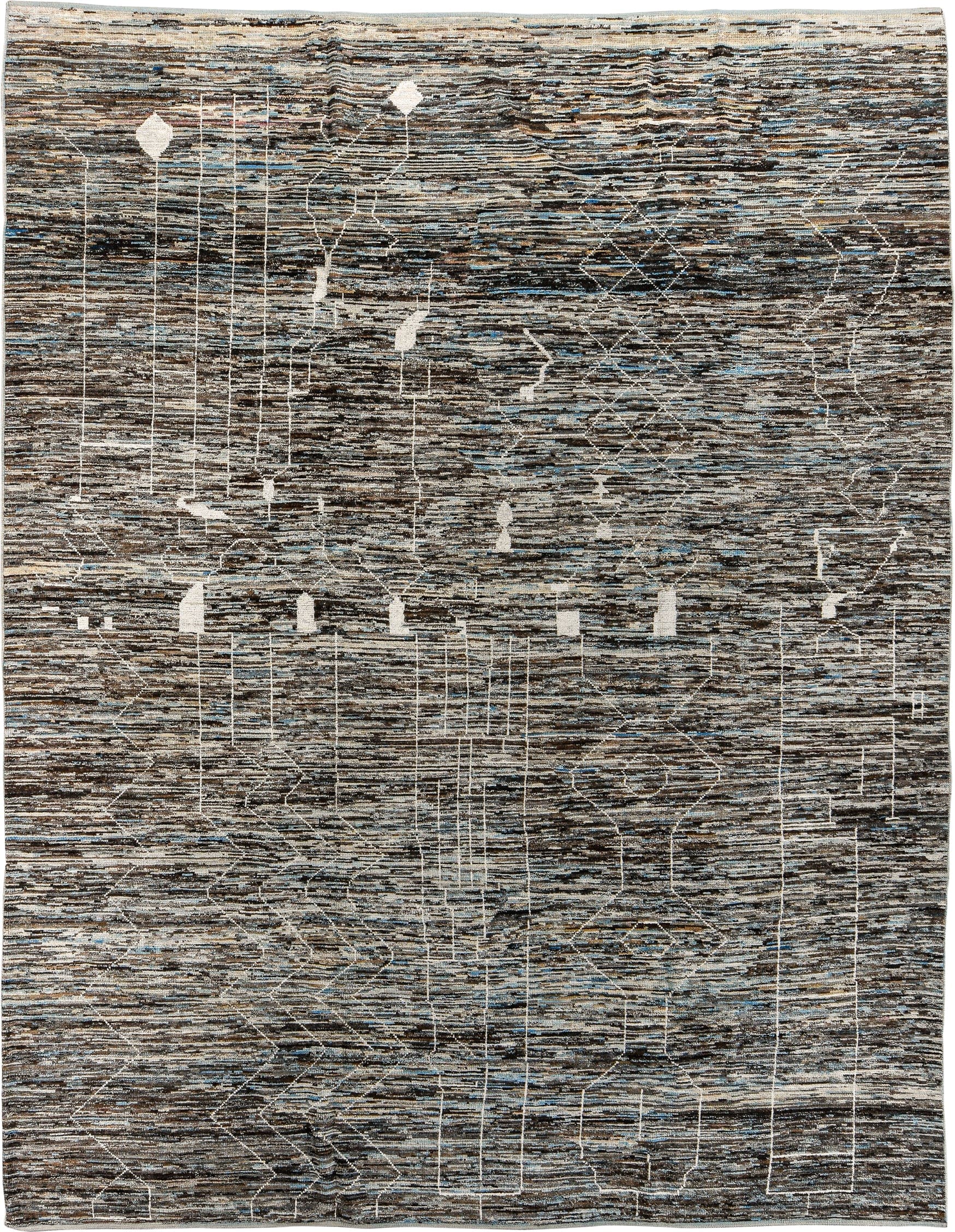 9' x 12' one-of-a-kind handmade vintage Tulu large size rug. Color palette: charcoal, ivory, taupe, blue gray, slate, camel