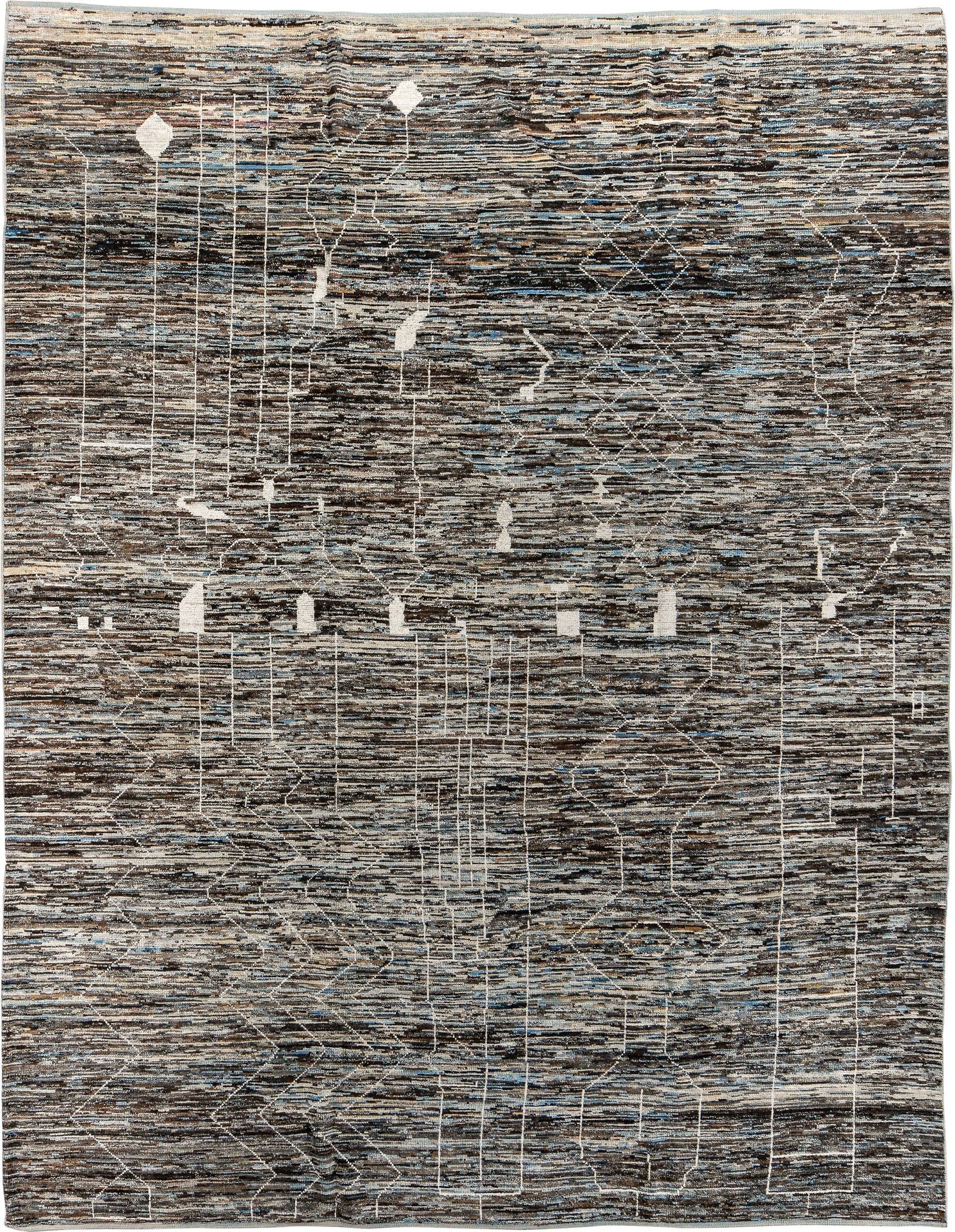 9' x 12' one-of-a-kind handmade vintage Tulu large size rug. Color palette: charcoal, ivory, taupe, blue gray, slate, camel
