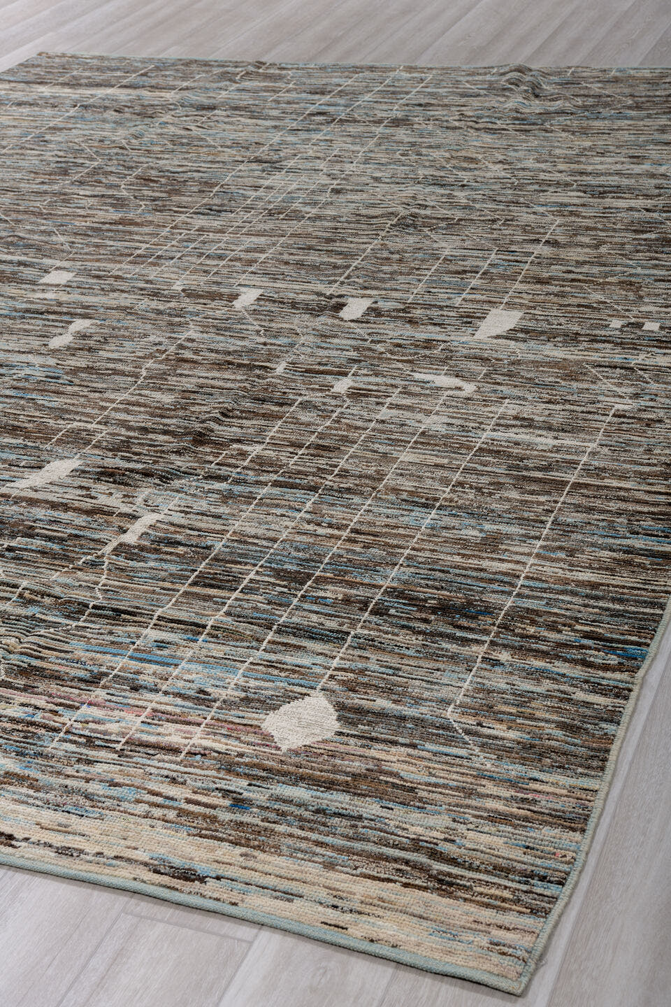 9' x 12' one-of-a-kind handmade vintage Tulu large size rug. Color palette: charcoal, ivory, taupe, blue gray, slate, camel
