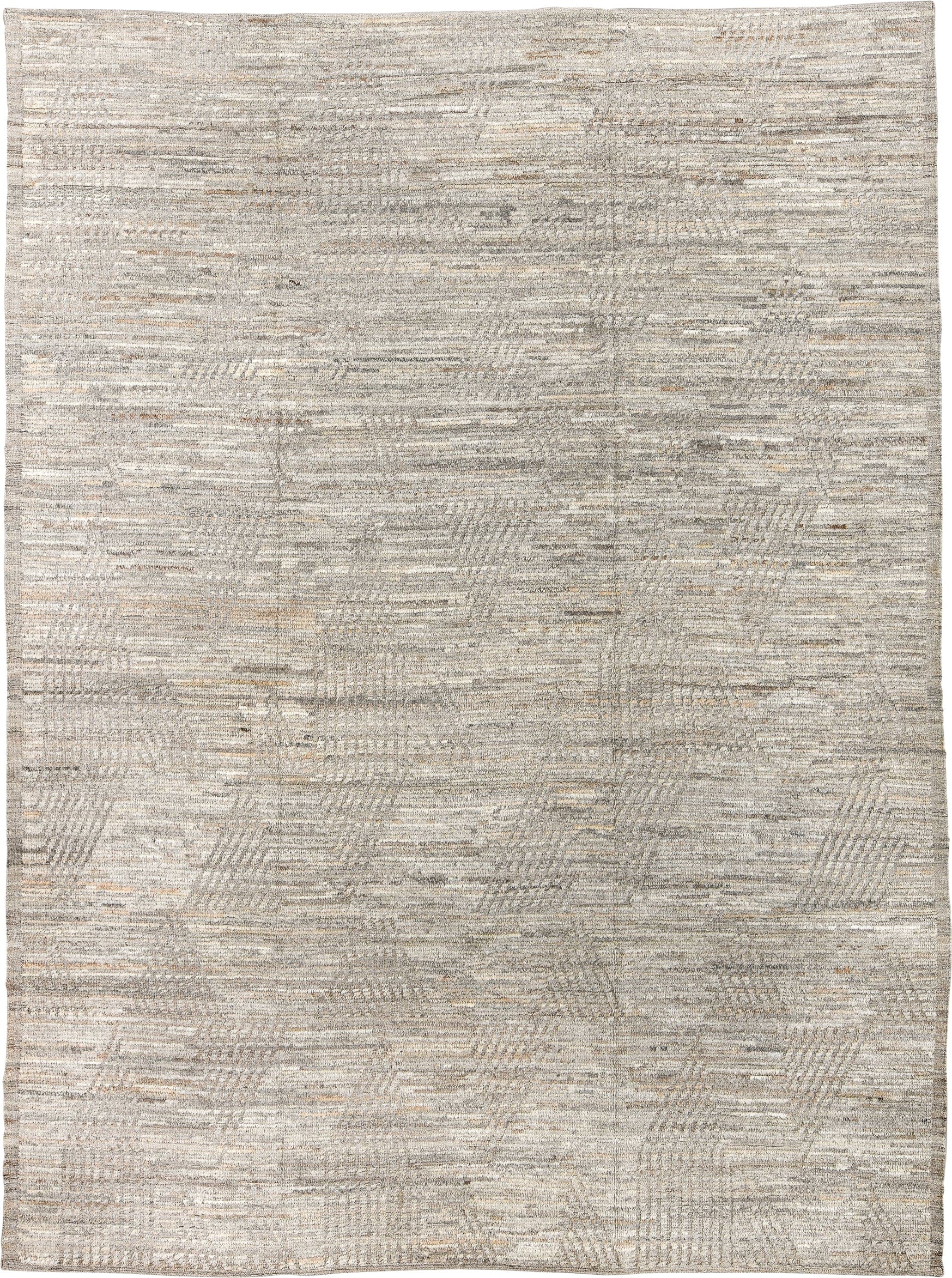 9' x 12' one-of-a-kind handmade vintage Tulu large size rug. Color palette: ivory, taupe, gray, beige, camel