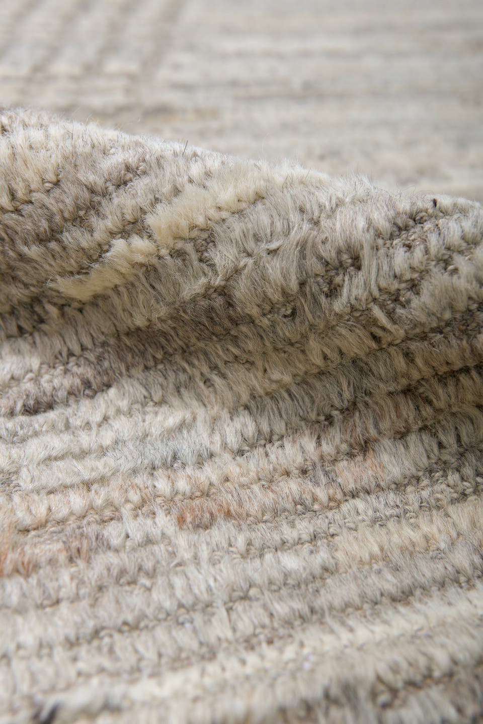 9' x 12' one-of-a-kind handmade vintage Tulu large size rug. Color palette: ivory, taupe, gray, beige, camel
