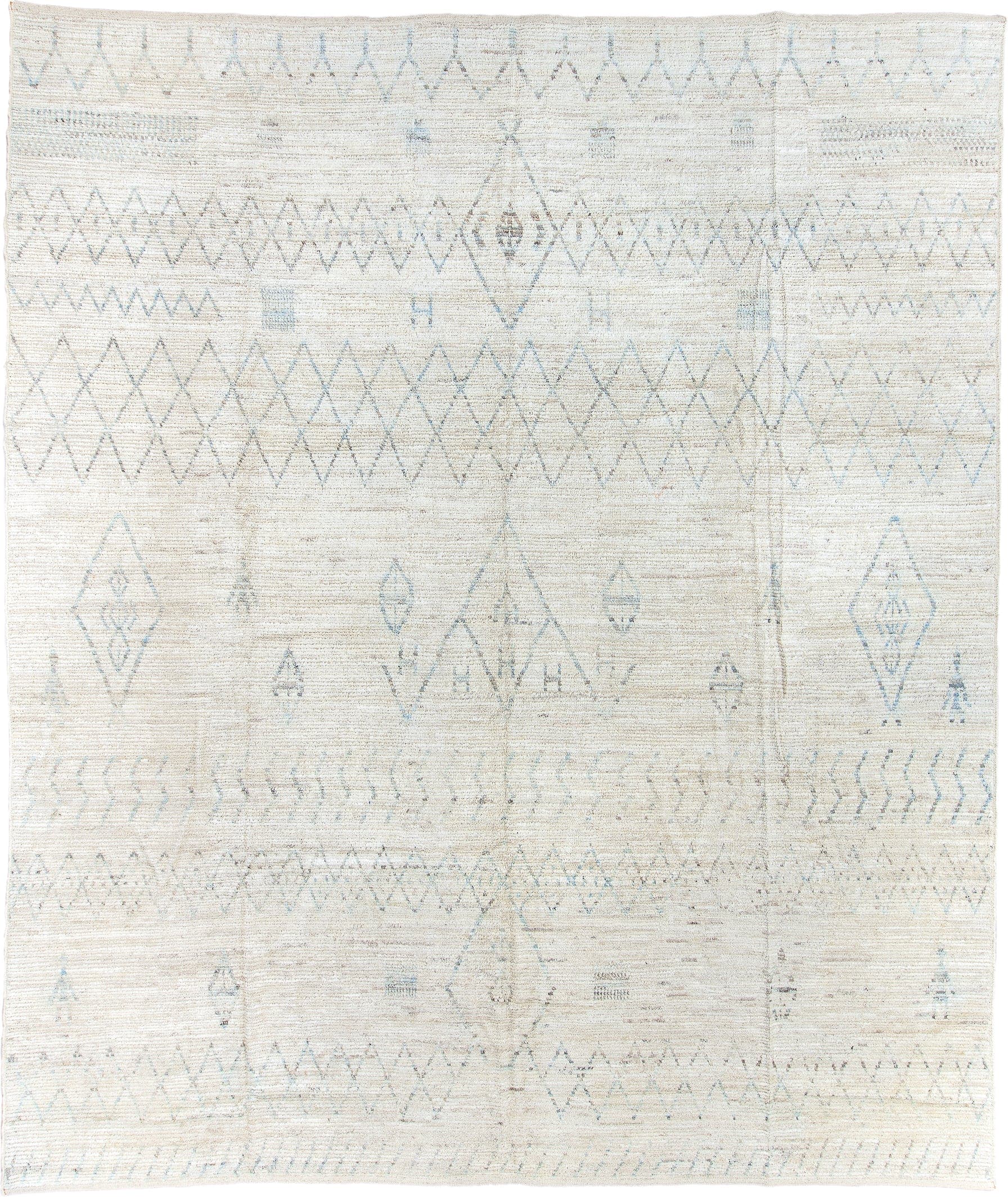 12' x 14' one-of-a-kind handmade vintage Tulu oversize rug. Color palette: ivory, pale blue, taupe, cream, light gray