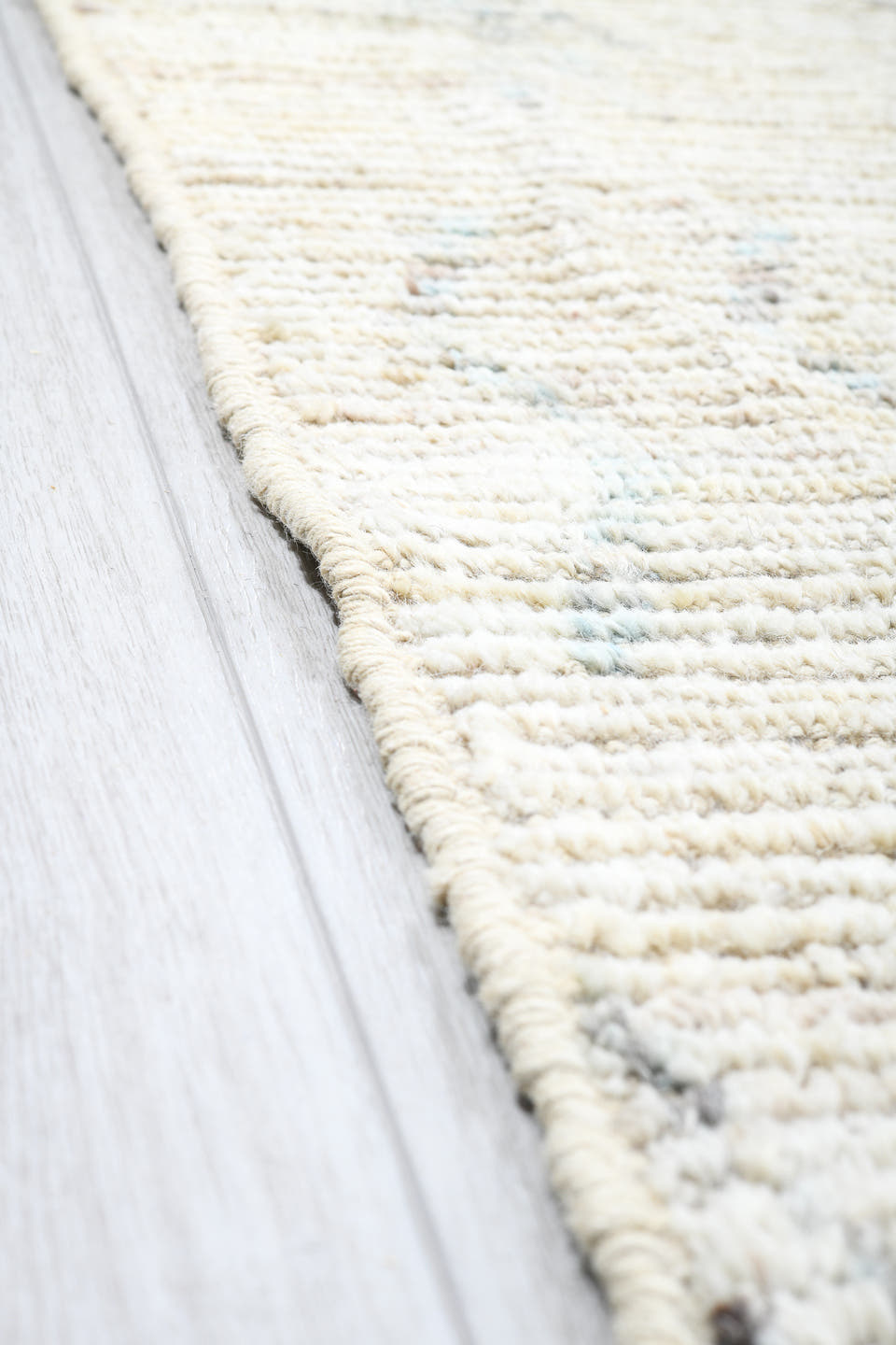 12' x 14' one-of-a-kind handmade vintage Tulu oversize rug. Color palette: ivory, pale blue, taupe, cream, light gray