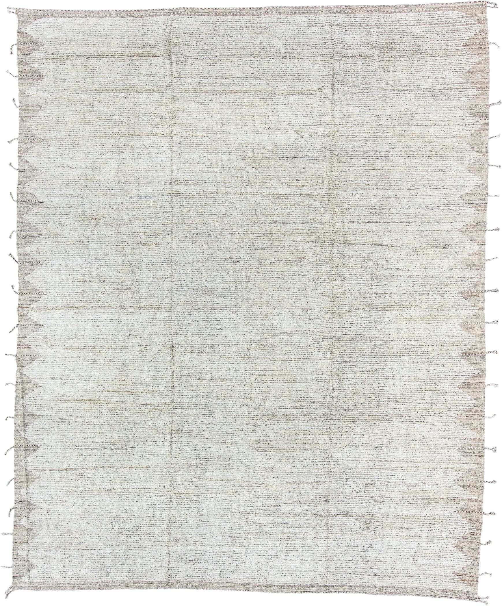 9' x 11' one-of-a-kind handmade vintage Tulu large size rug. Color palette: ivory, cream, taupe, beige, light gray, gray