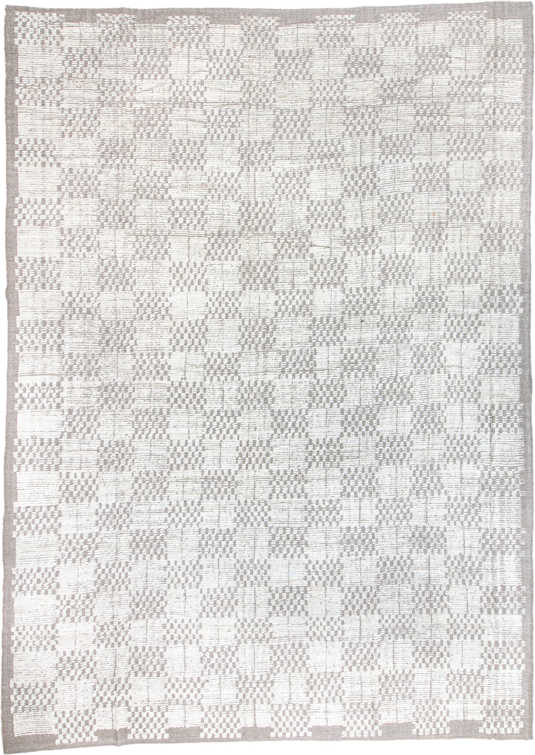 13' x 19' one-of-a-kind handmade vintage Tulu oversize rug. Color palette: ivory, taupe, cream, light gray, beige, gray