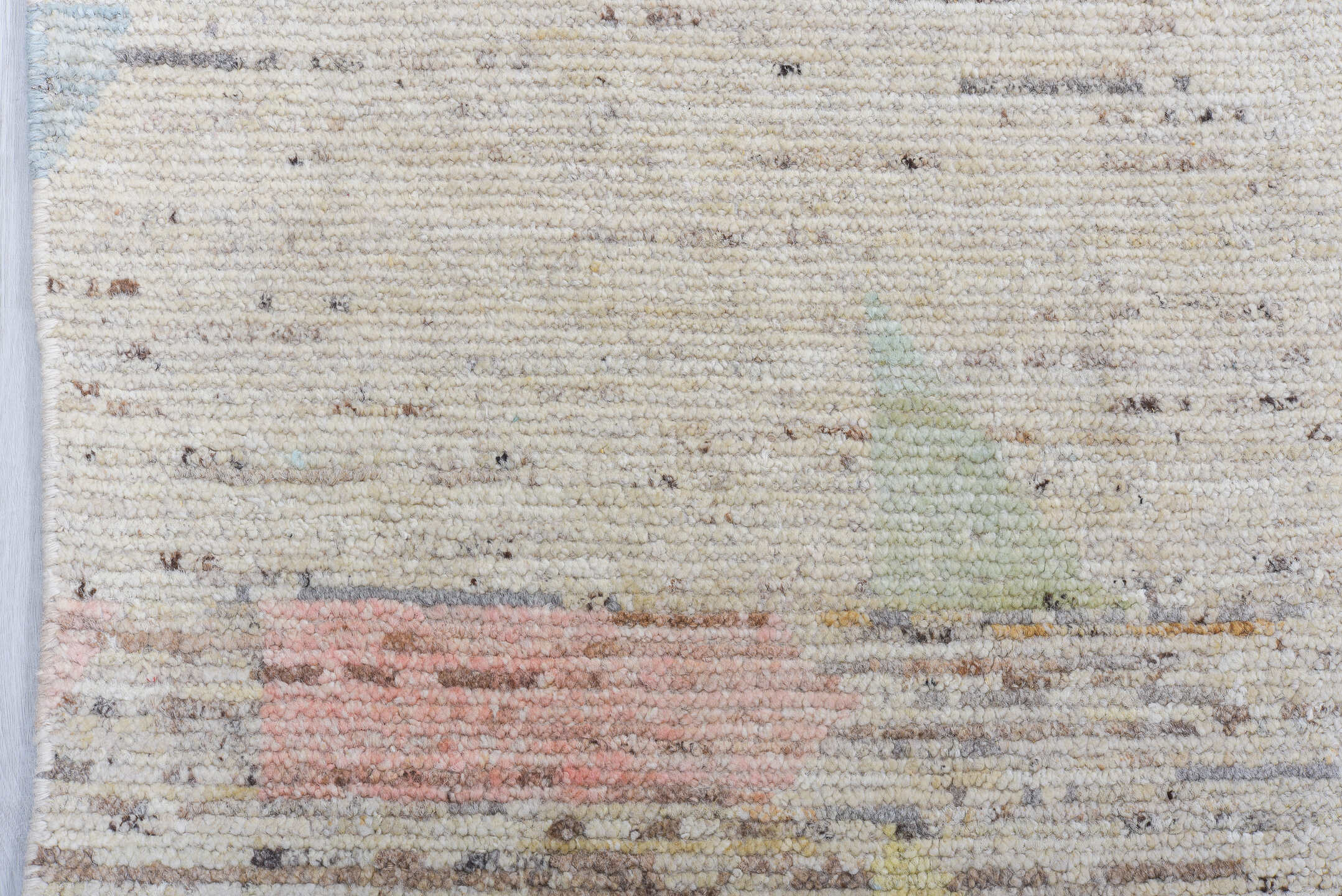 9' x 11' one-of-a-kind handmade vintage Tulu large size rug. Color palette: ivory, sky blue, aqua, coral, saffron, lavender
