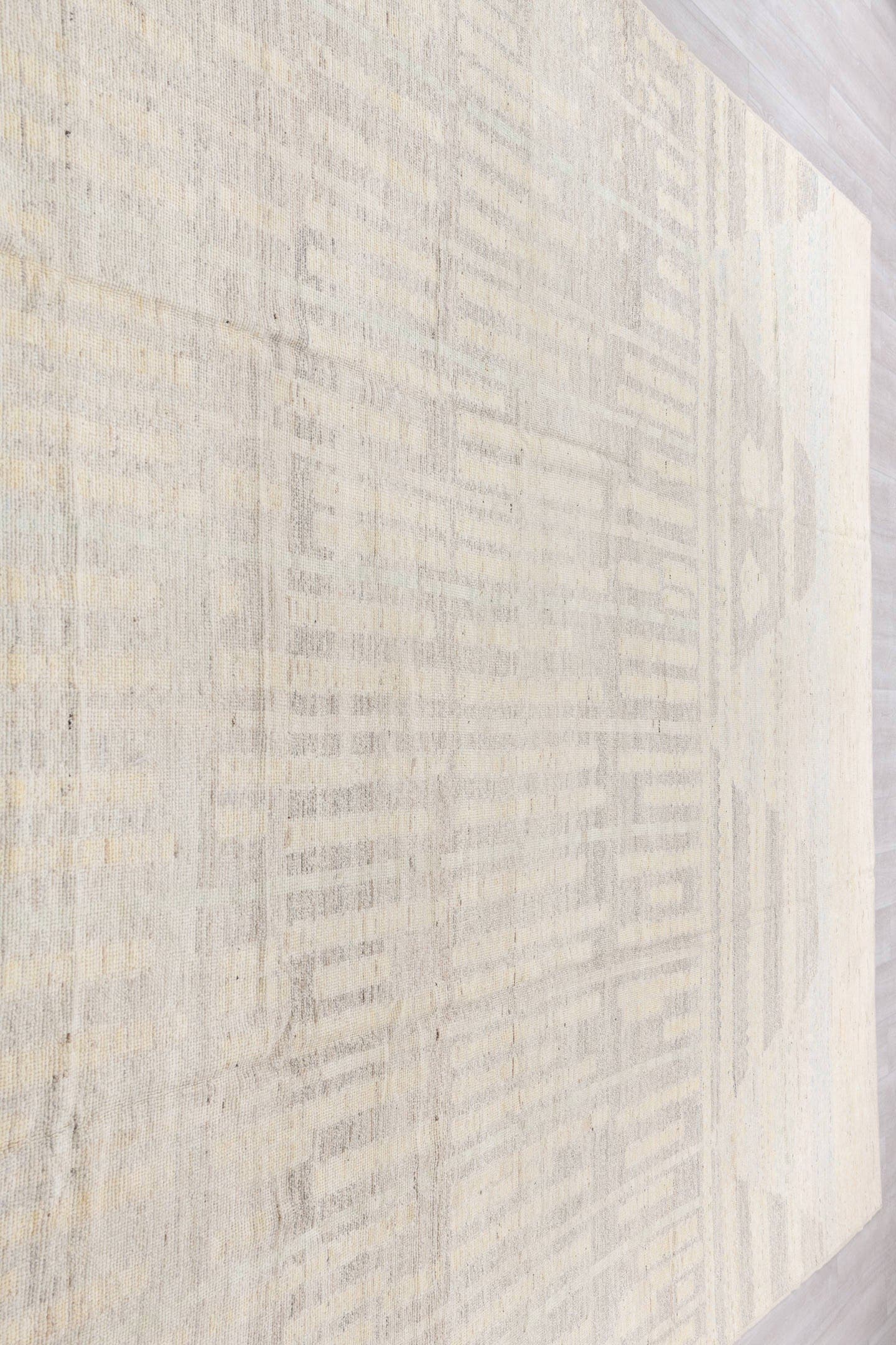 10' x 13' one-of-a-kind handmade vintage Tulu large size rug. Color palette: ivory, cream, light gray, taupe, pale blue