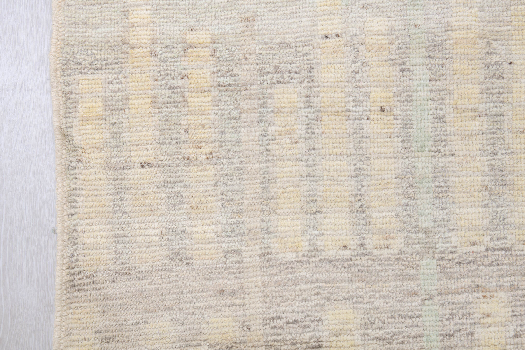 10' x 13' one-of-a-kind handmade vintage Tulu large size rug. Color palette: ivory, cream, light gray, taupe, pale blue
