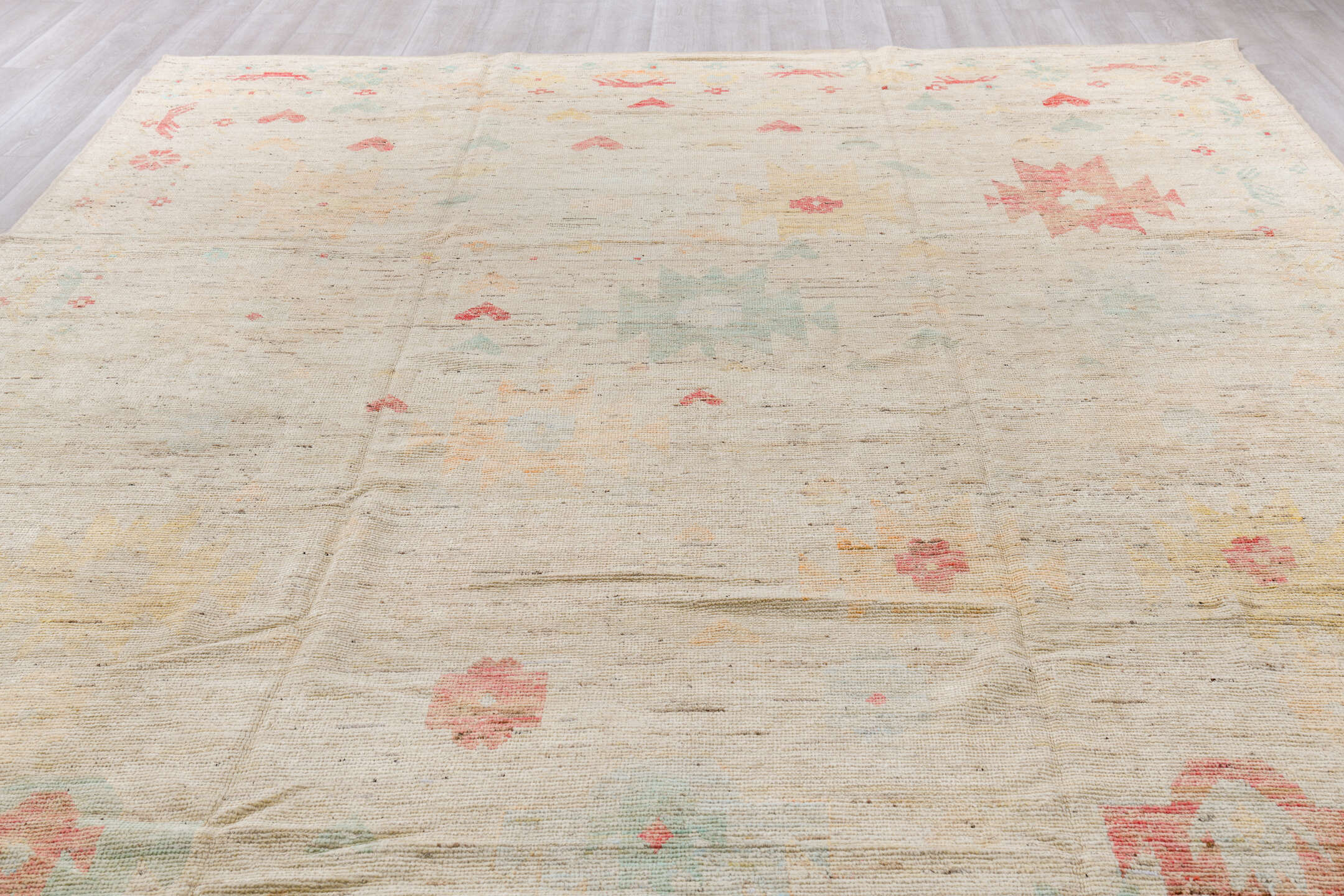10' x 13' one-of-a-kind handmade vintage Tulu large size rug. Color palette: brown, gray, light gray, off-white, pink