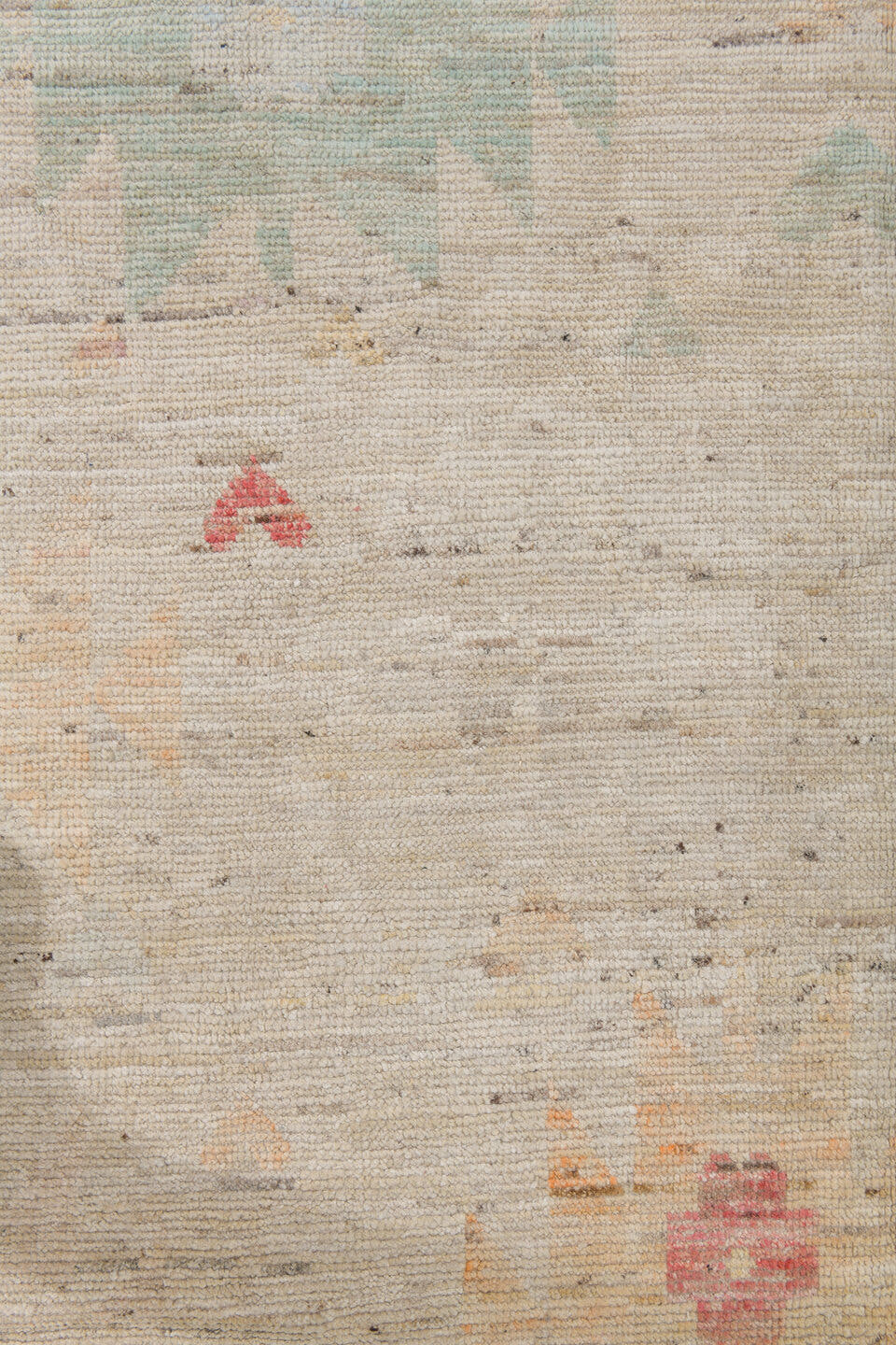 10' x 13' one-of-a-kind handmade vintage Tulu large size rug. Color palette: ivory, blush, pale sage, saffron, beige, pink