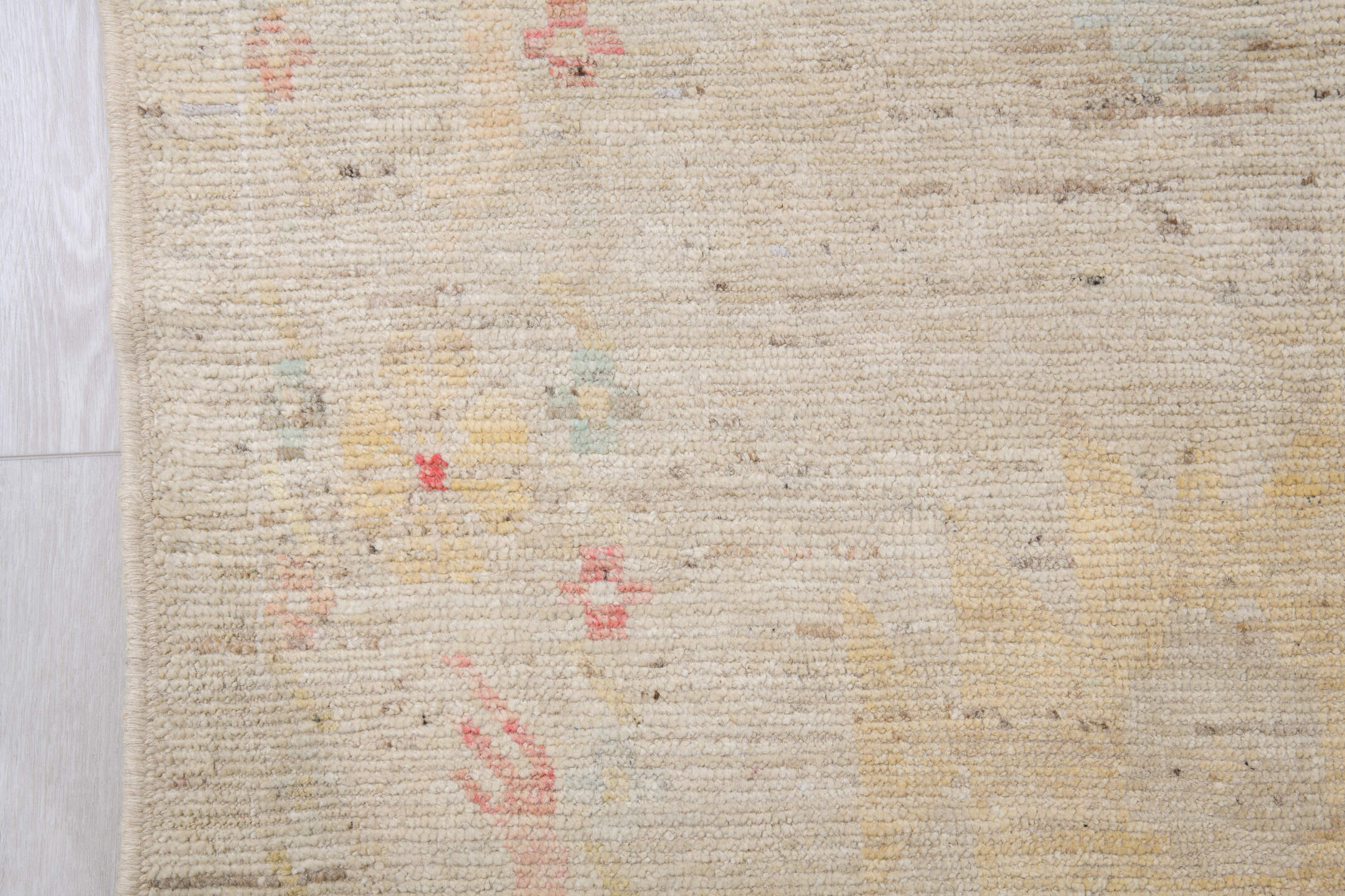 10' x 13' one-of-a-kind handmade vintage Tulu large size rug. Color palette: ivory, blush, pale sage, saffron, beige, pink