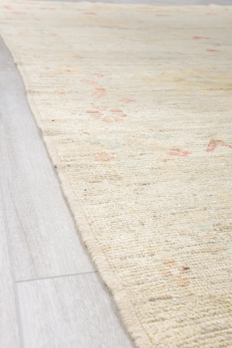10' x 13' one-of-a-kind handmade vintage Tulu large size rug. Color palette: ivory, blush, pale sage, saffron, beige, pink