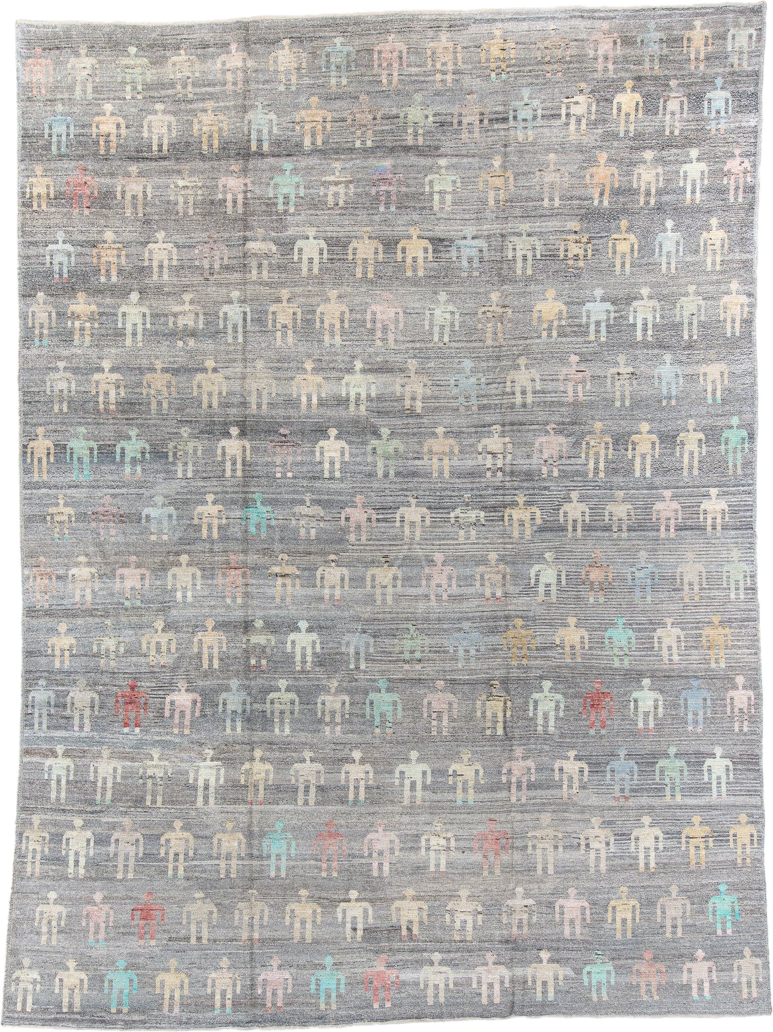 10' x 13' one-of-a-kind handmade vintage Tulu large size rug. Color palette: gray, ivory, pale blue, blush, saffron, coral