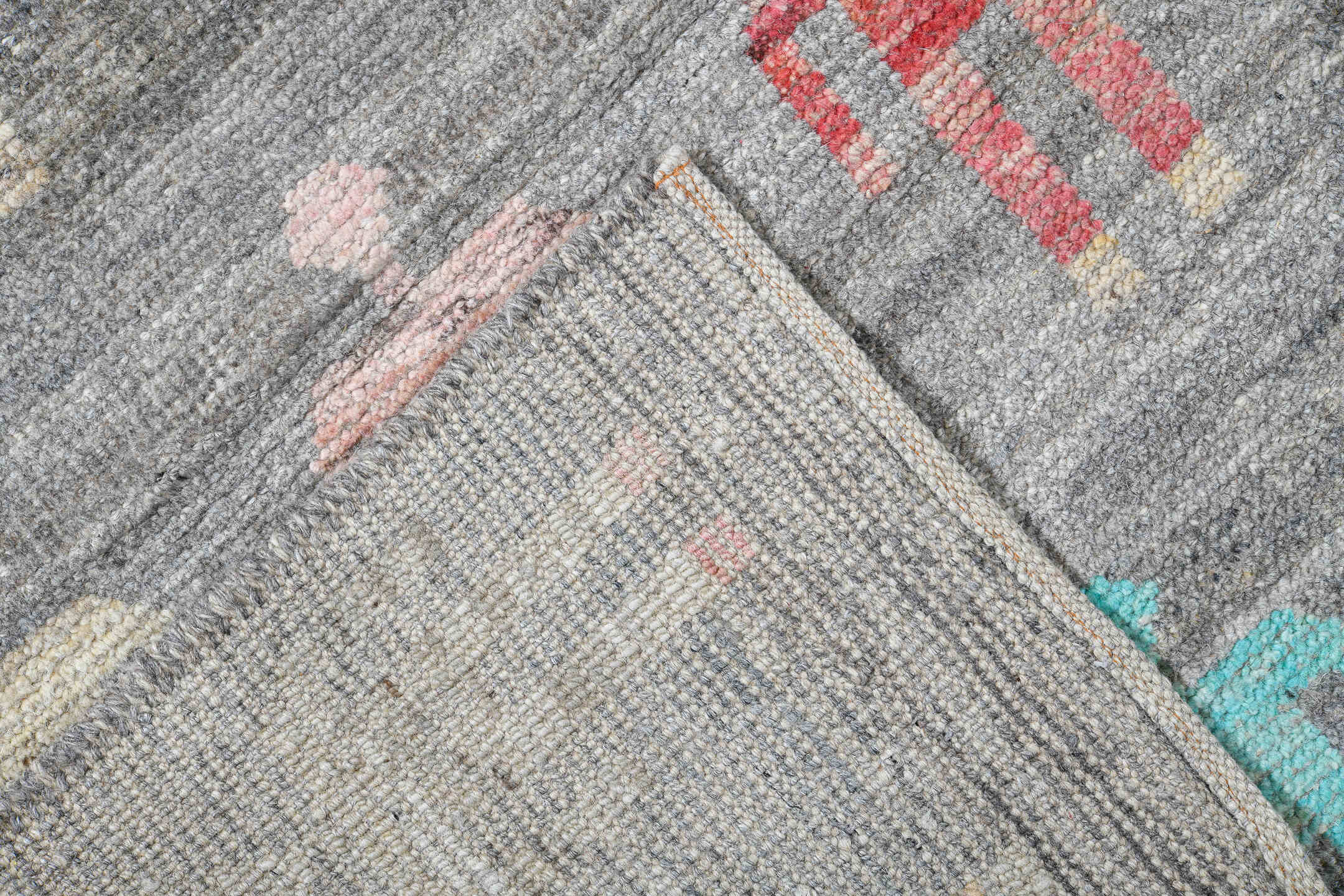 10' x 13' one-of-a-kind handmade vintage Tulu large size rug. Color palette: gray, ivory, pale blue, blush, saffron, coral
