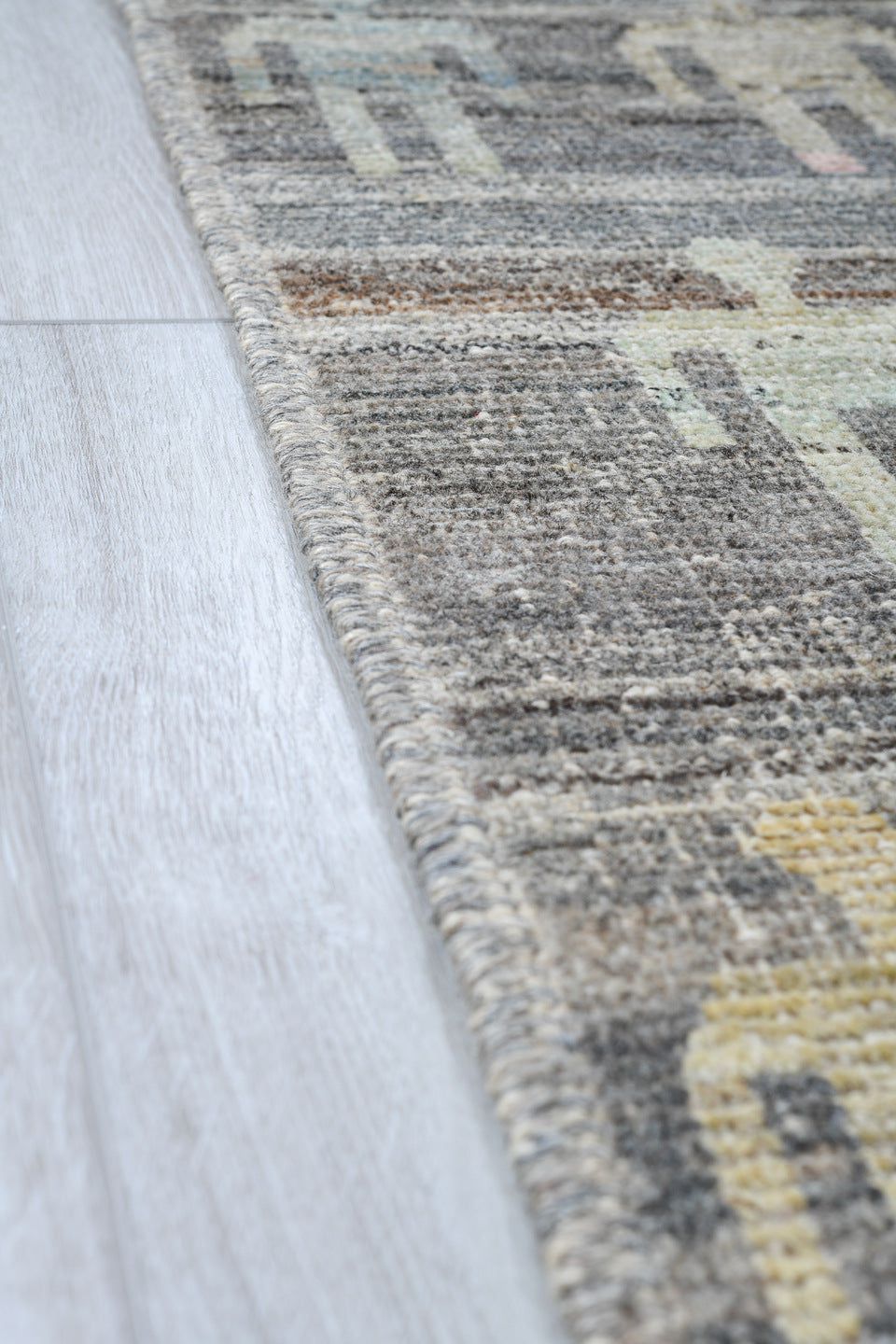 10' x 13' one-of-a-kind handmade vintage Tulu large size rug. Color palette: gray, ivory, pale blue, blush, saffron, coral
