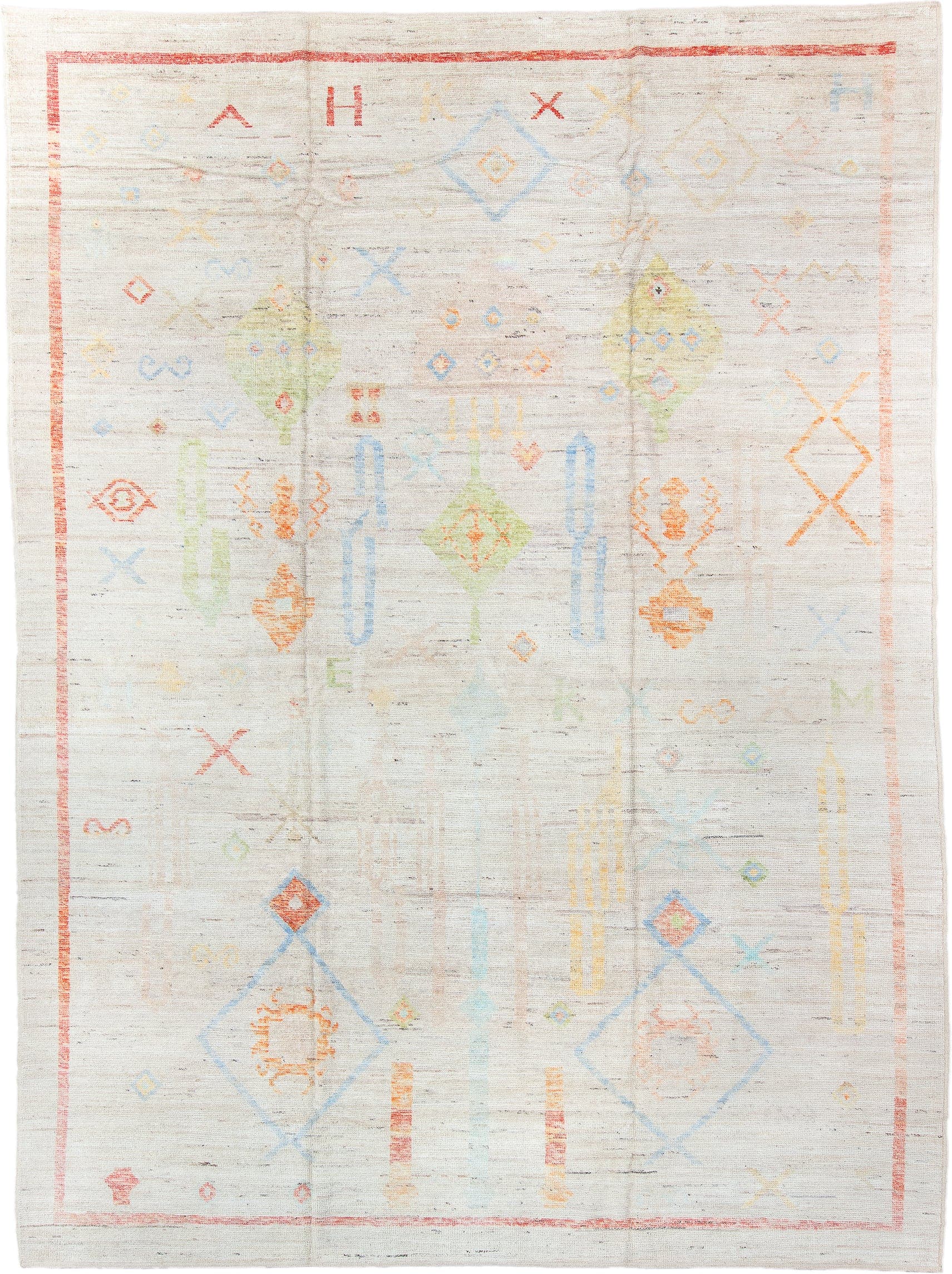 10' x 13' one-of-a-kind handmade vintage Tulu large size rug. Color palette: ivory, coral, sky_blue, pale_blue, soft_yellow