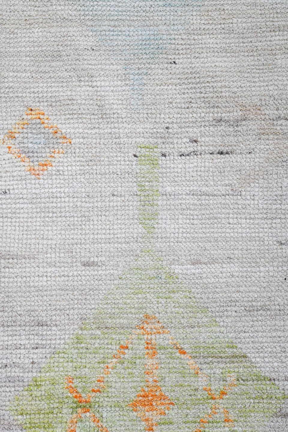 10' x 13' one-of-a-kind handmade vintage Tulu large size rug. Color palette: ivory, coral, sky_blue, pale_blue, soft_yellow