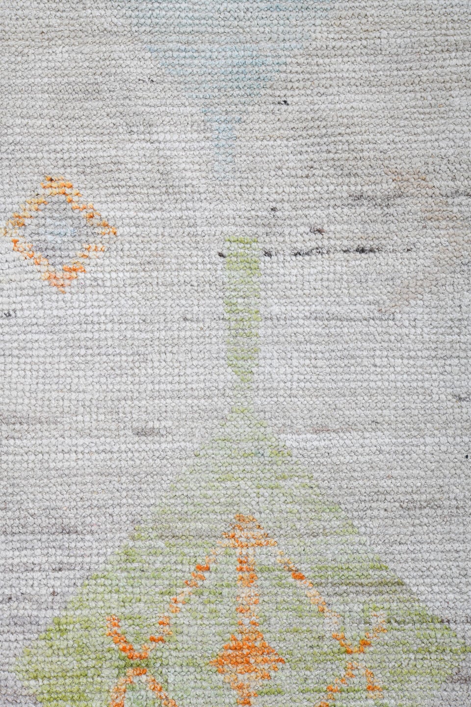 10' x 13' one-of-a-kind handmade vintage Tulu large size rug. Color palette: ivory, coral, sky_blue, pale_blue, soft_yellow