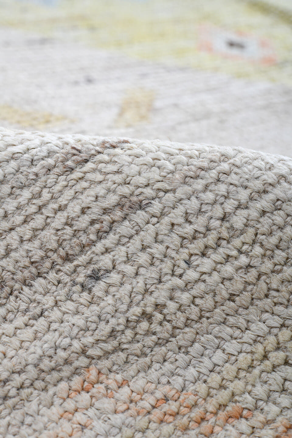 10' x 13' one-of-a-kind handmade vintage Tulu large size rug. Color palette: ivory, coral, sky_blue, pale_blue, soft_yellow