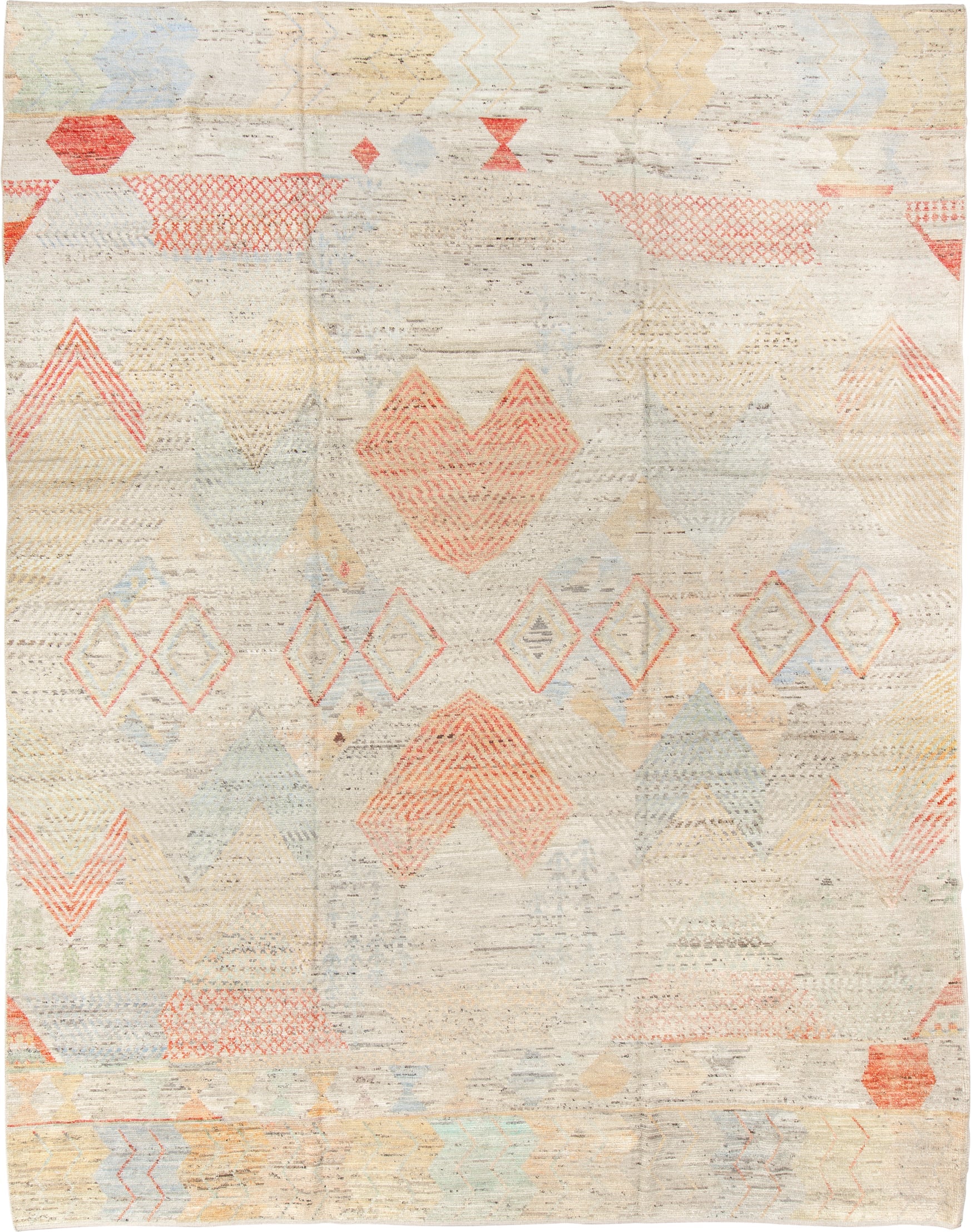 10' x 13' one-of-a-kind handmade vintage Tulu large size rug. Color palette: ivory, coral, pale gold, powder blue, beige