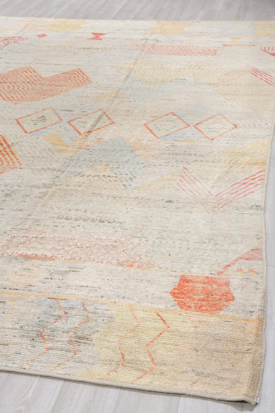 10' x 13' one-of-a-kind handmade vintage Tulu large size rug. Color palette: ivory, coral, pale gold, powder blue, beige